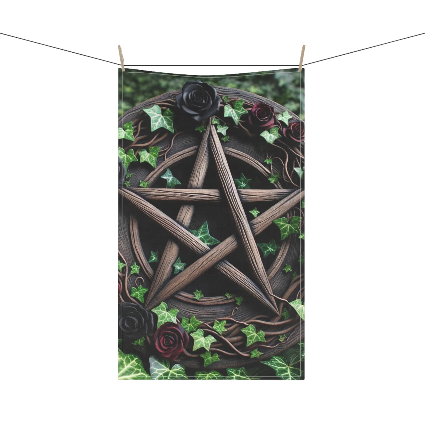 Tea Towels Wood Pentacle Red Black Roses Ivy Design