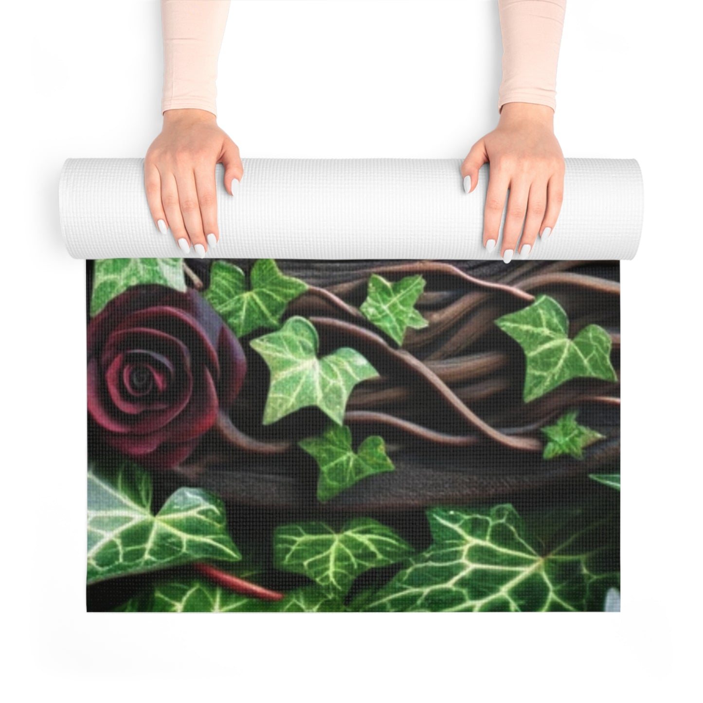 Yoga Mat - Wood Pentacle with Red and Black Roses in Ivy Design