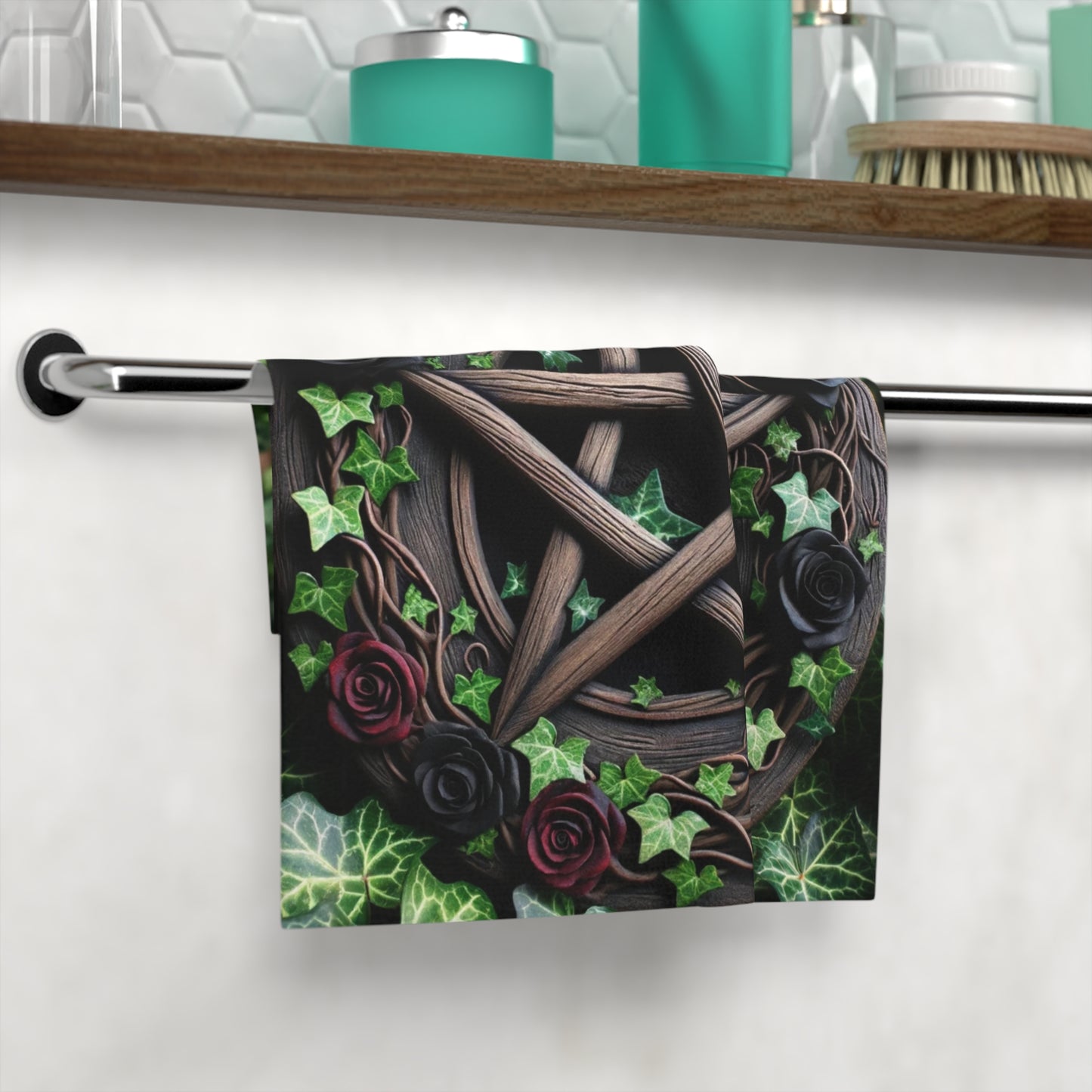 Custom Face Towel – Pentacle with Roses and Ivy Design
