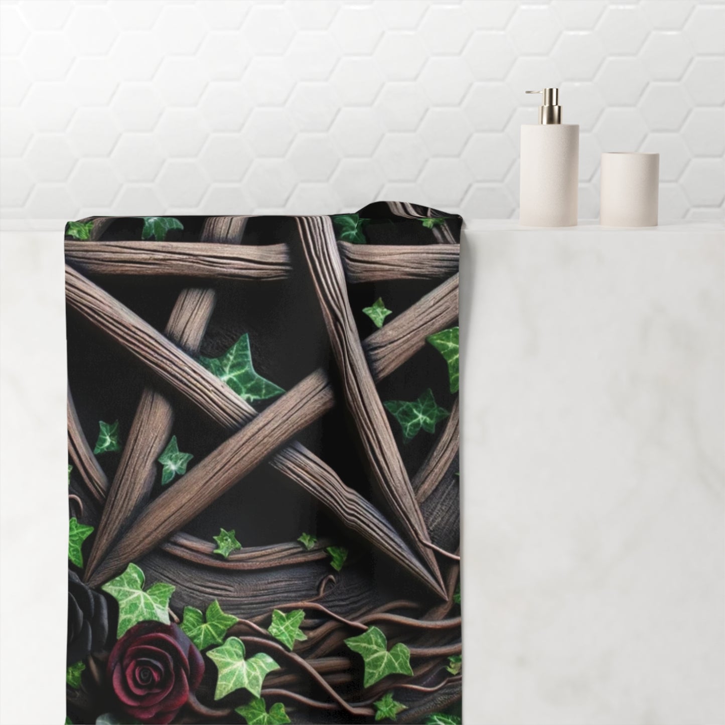 Mink-Cotton Personalized Beach Towel – Wood Pentacle with Roses and Ivy Design