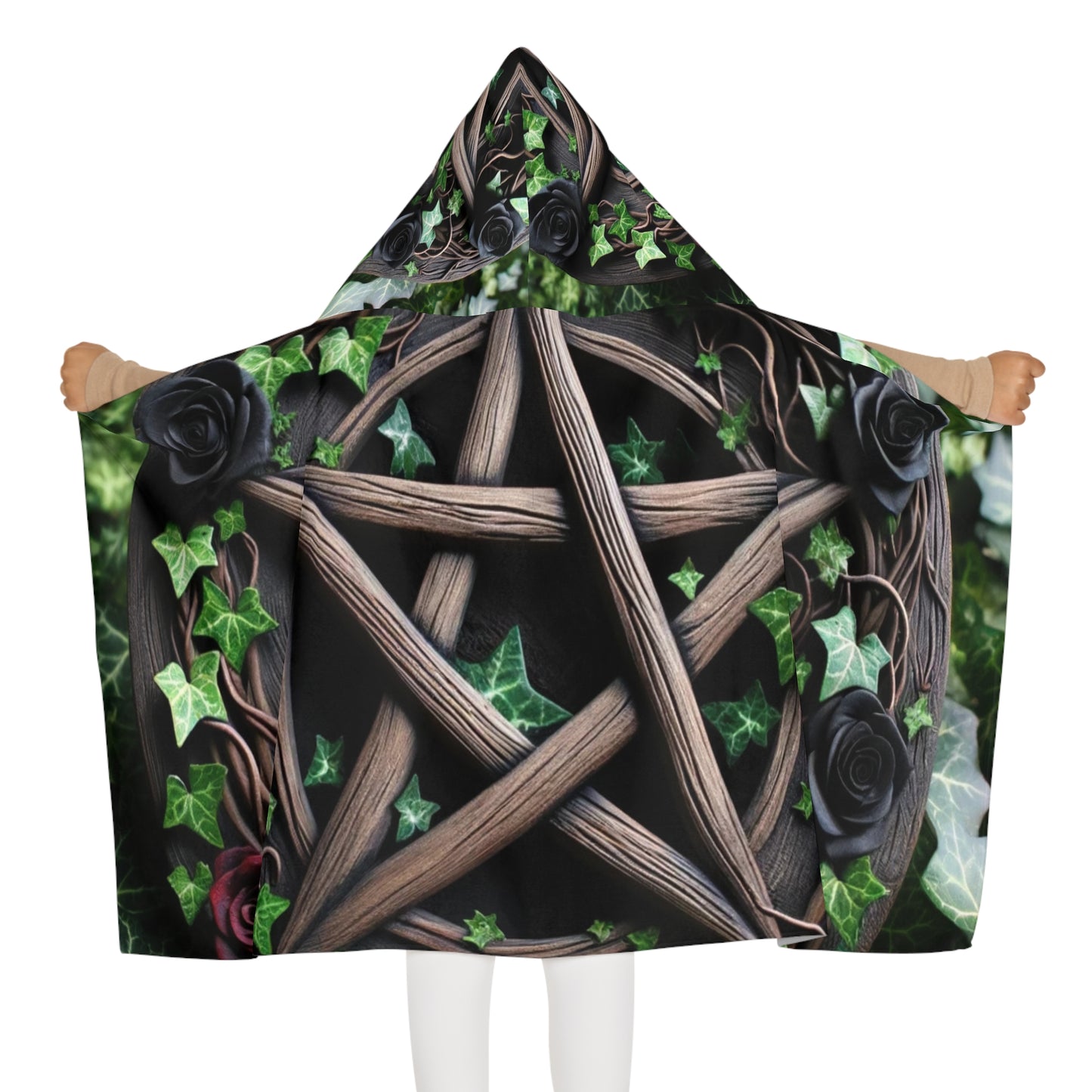 Youth Hooded Towel - Wood Pentacle with Red and Black Roses in Ivy Design