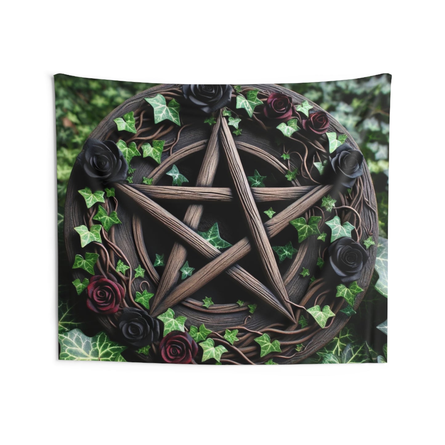 Tapestry Wall Decor - Wood Pentacle with Red and Black Roses in Ivy