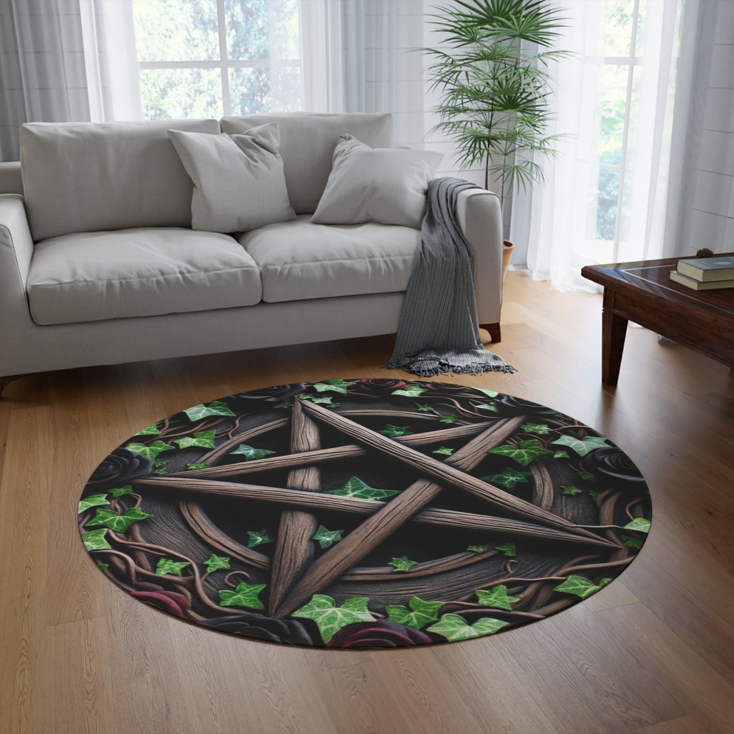 Round Rug with Wood Pentacle and Red/Black Roses in Ivy Design