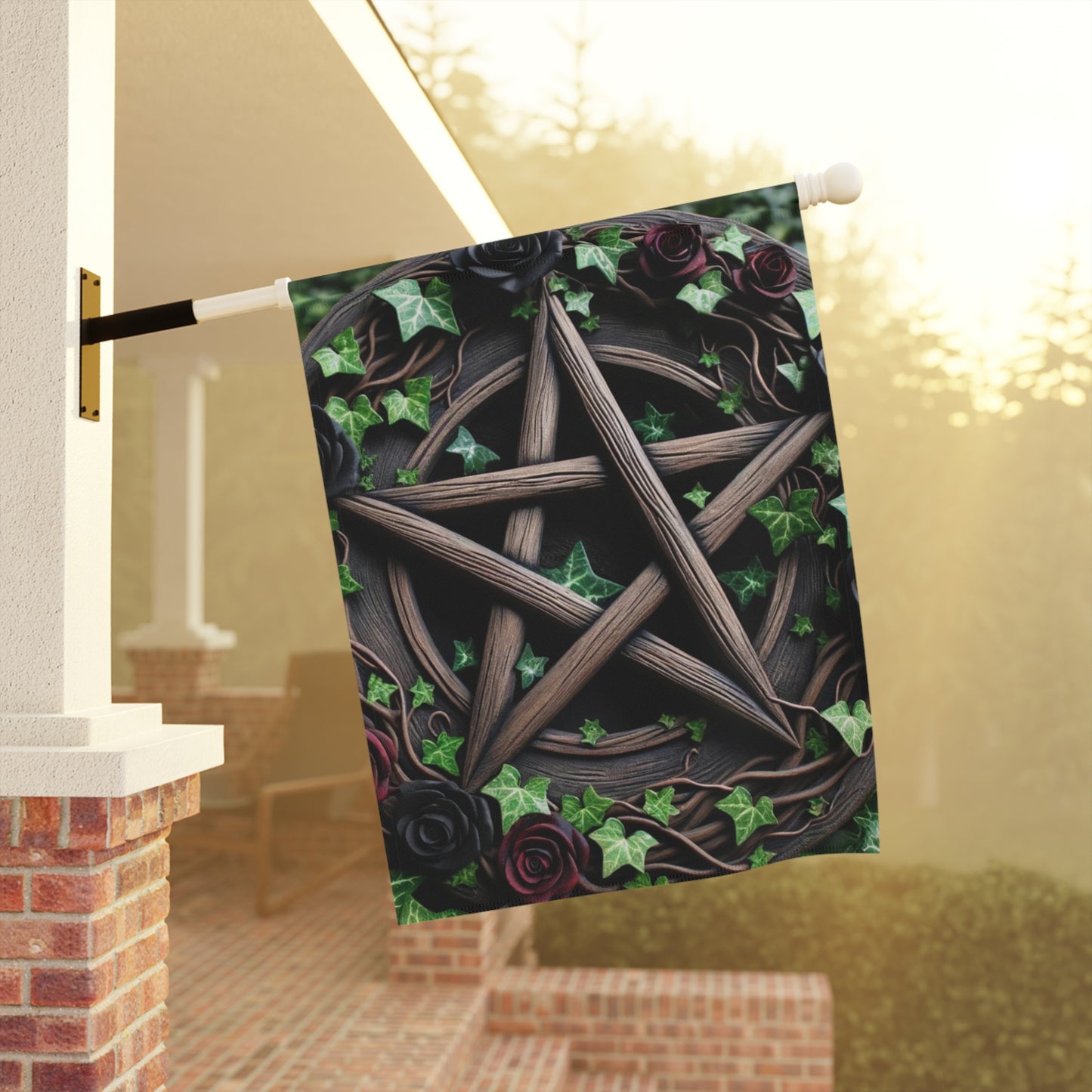 House Banner - Wood Pentacle with Red and Black Roses in Ivy Design