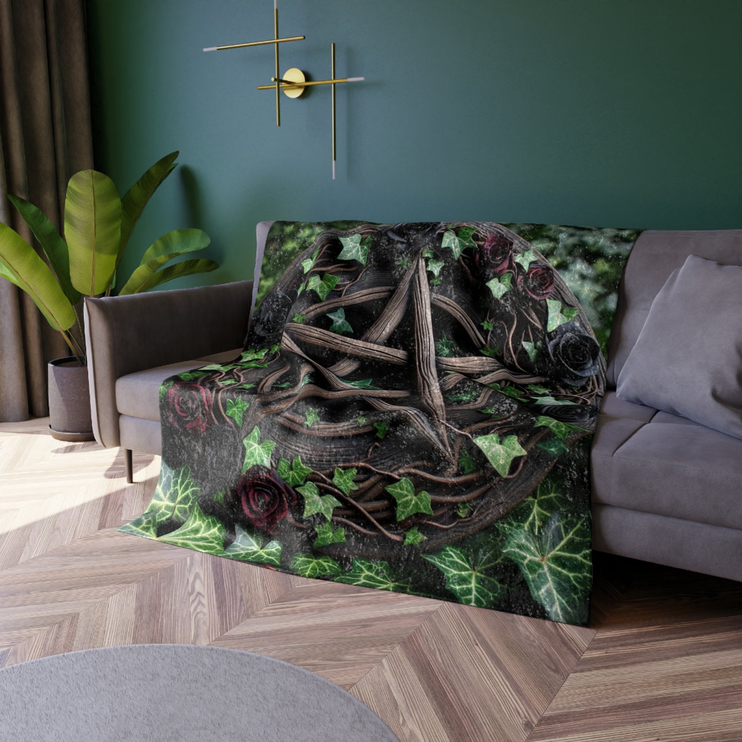 Crushed Velvet Blanket with Wood Pentacle and Red/Black Roses in Ivy Design