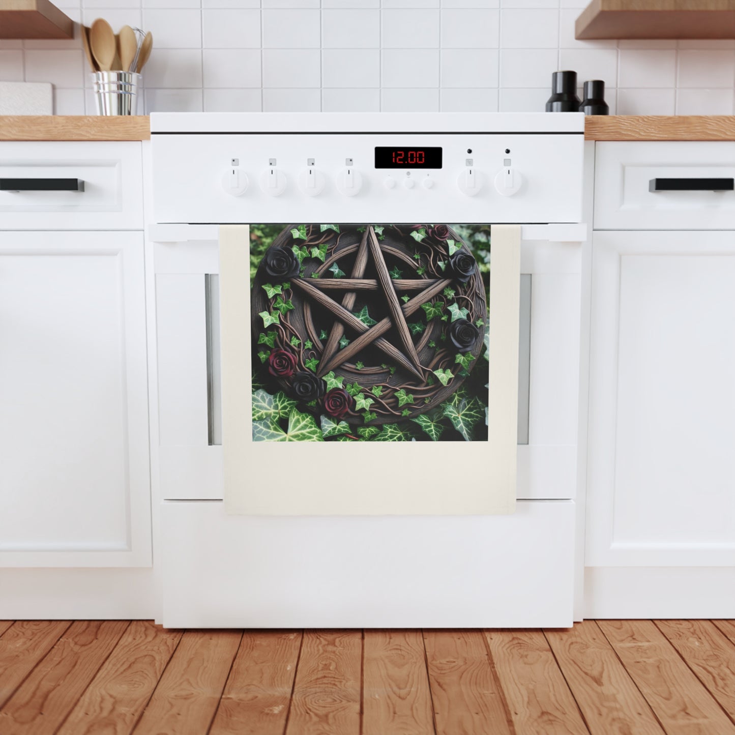 Cotton Tea Towel - Wood Pentacle with Red and Black Roses in Ivy
