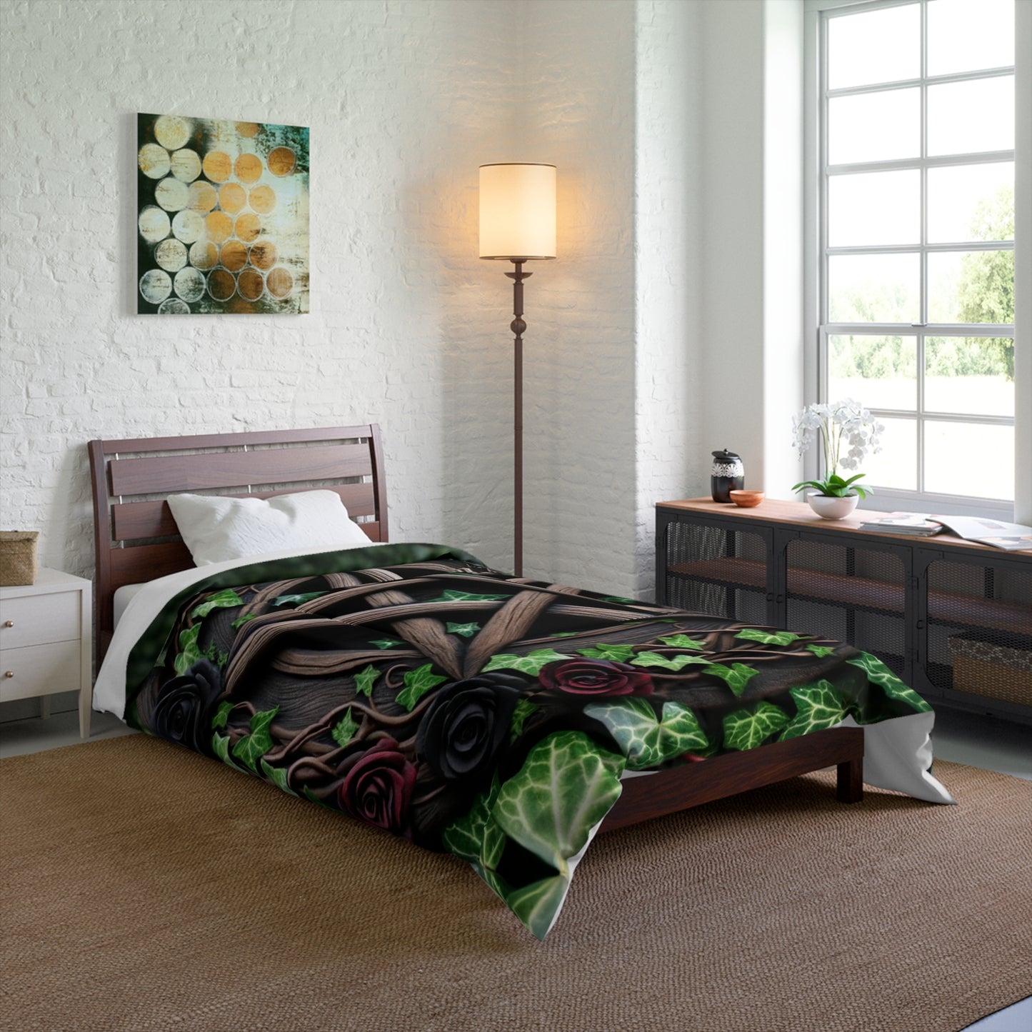 Comforter - Wood Pentacle with Red and Black Roses in Ivy