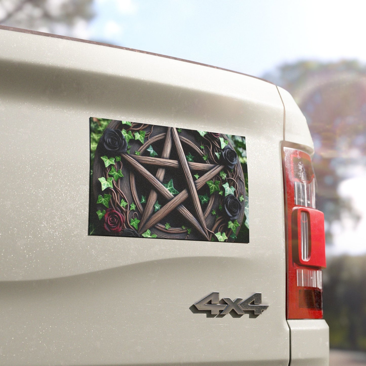 Car Magnet - Wood Pentacle with Red and Black Roses in Ivy Design