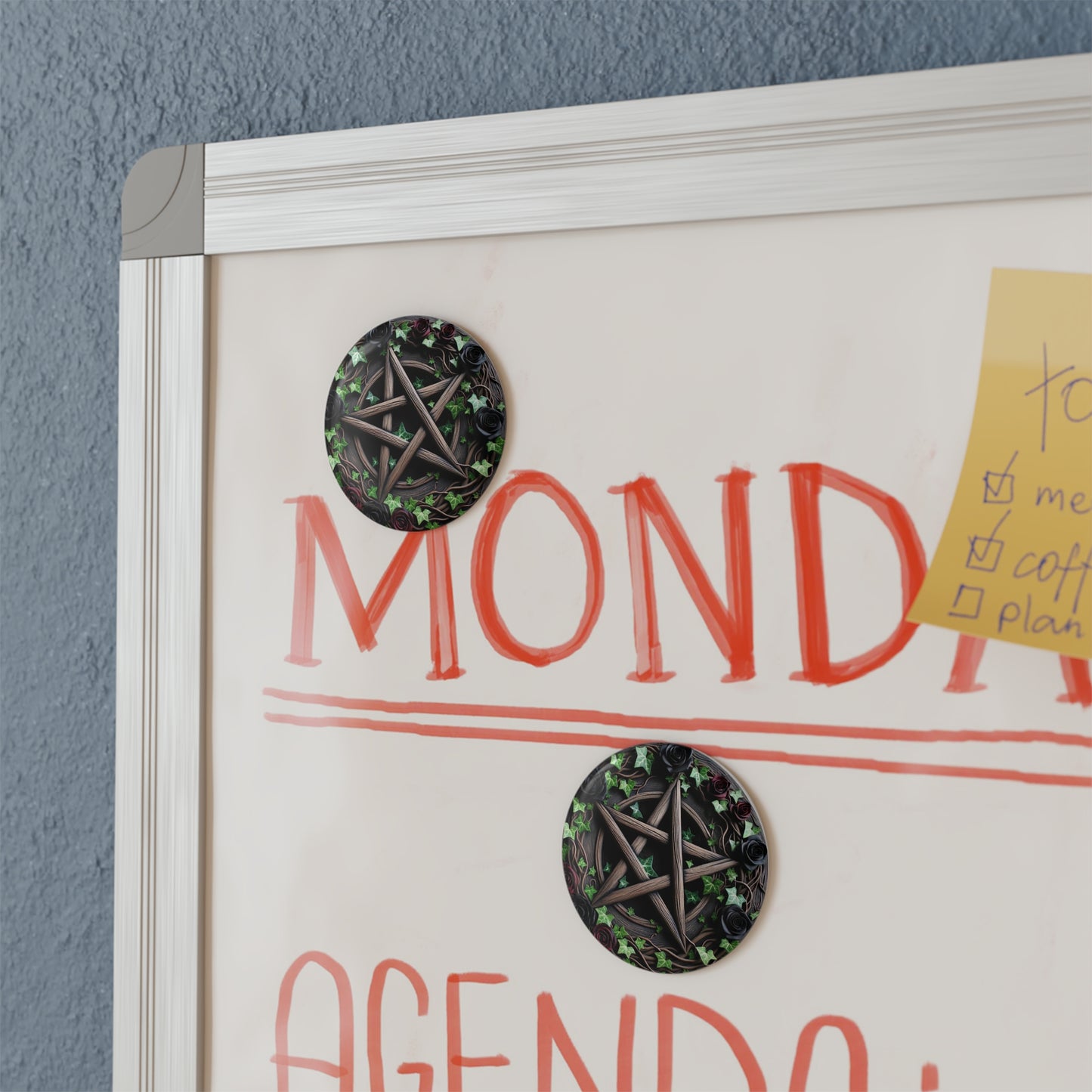 Button Magnet, Wood Pentacle with Red and Black Roses in Ivy, Round (1 & 10 pcs)