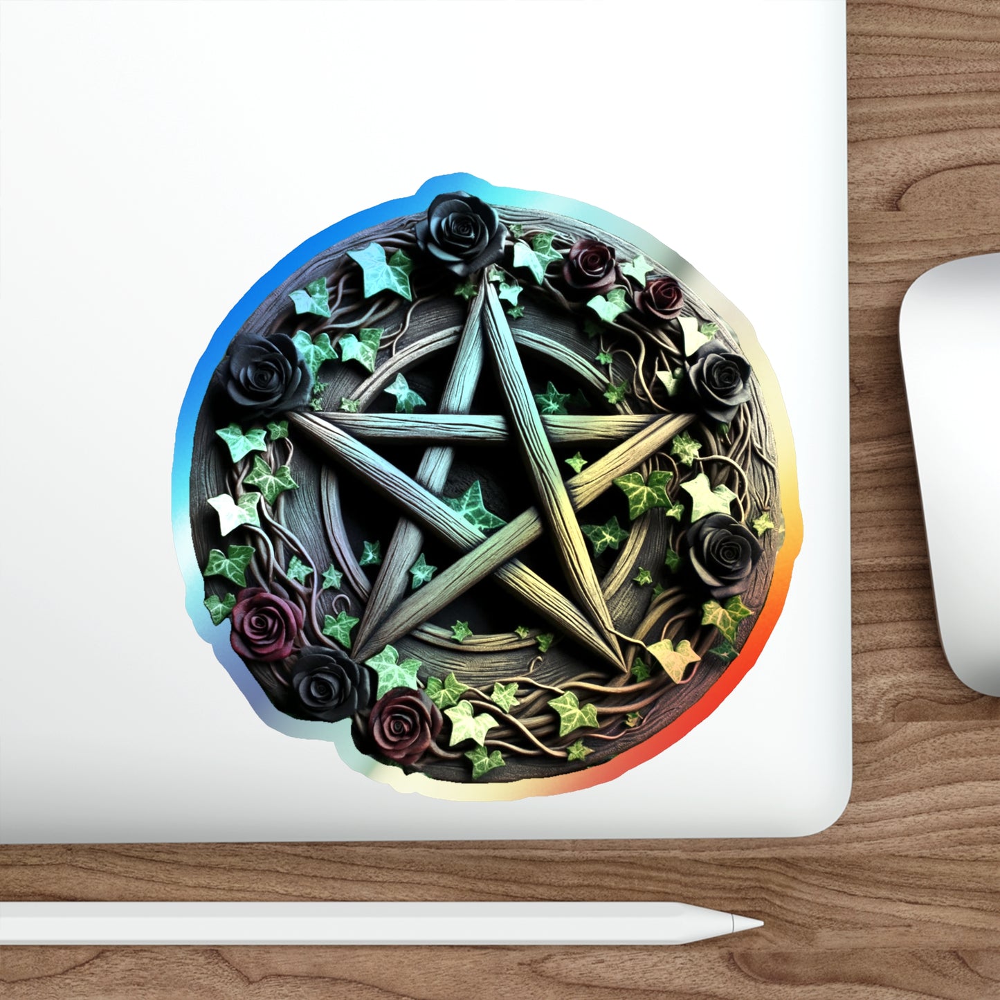 Holographic Die-cut Stickers – Wood Pentacle with Roses and Ivy Design