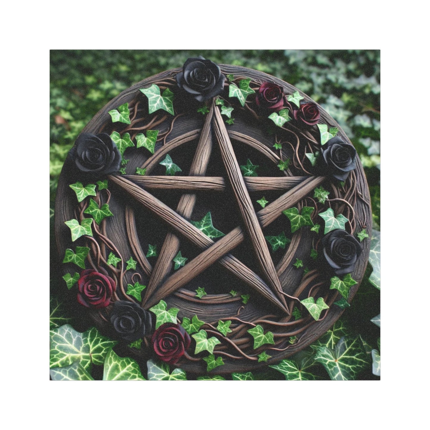 Car Magnet - Wood Pentacle with Red and Black Roses in Ivy Design