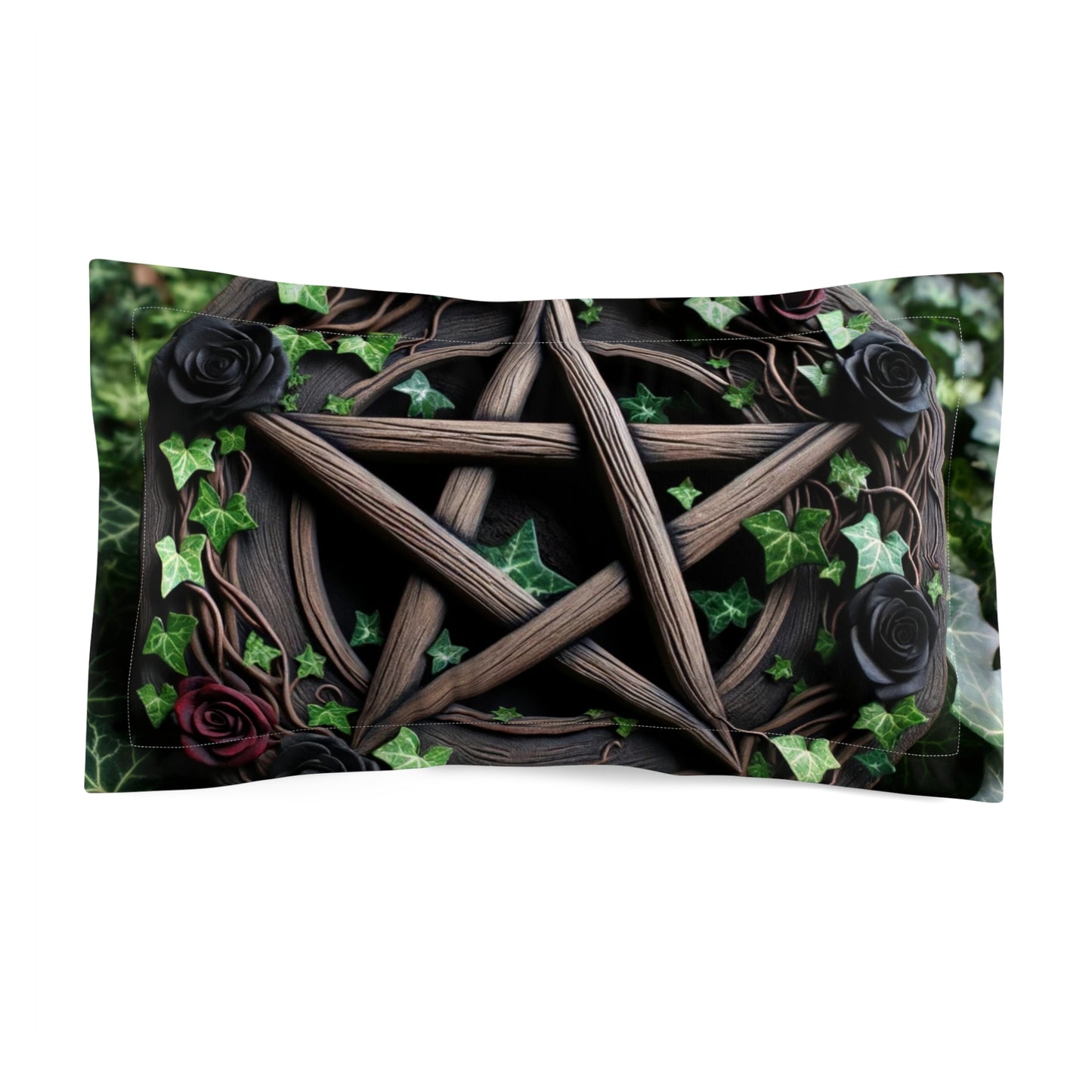 Decorative Pillow Sham with Wood Pentacle and Red Black Roses Design