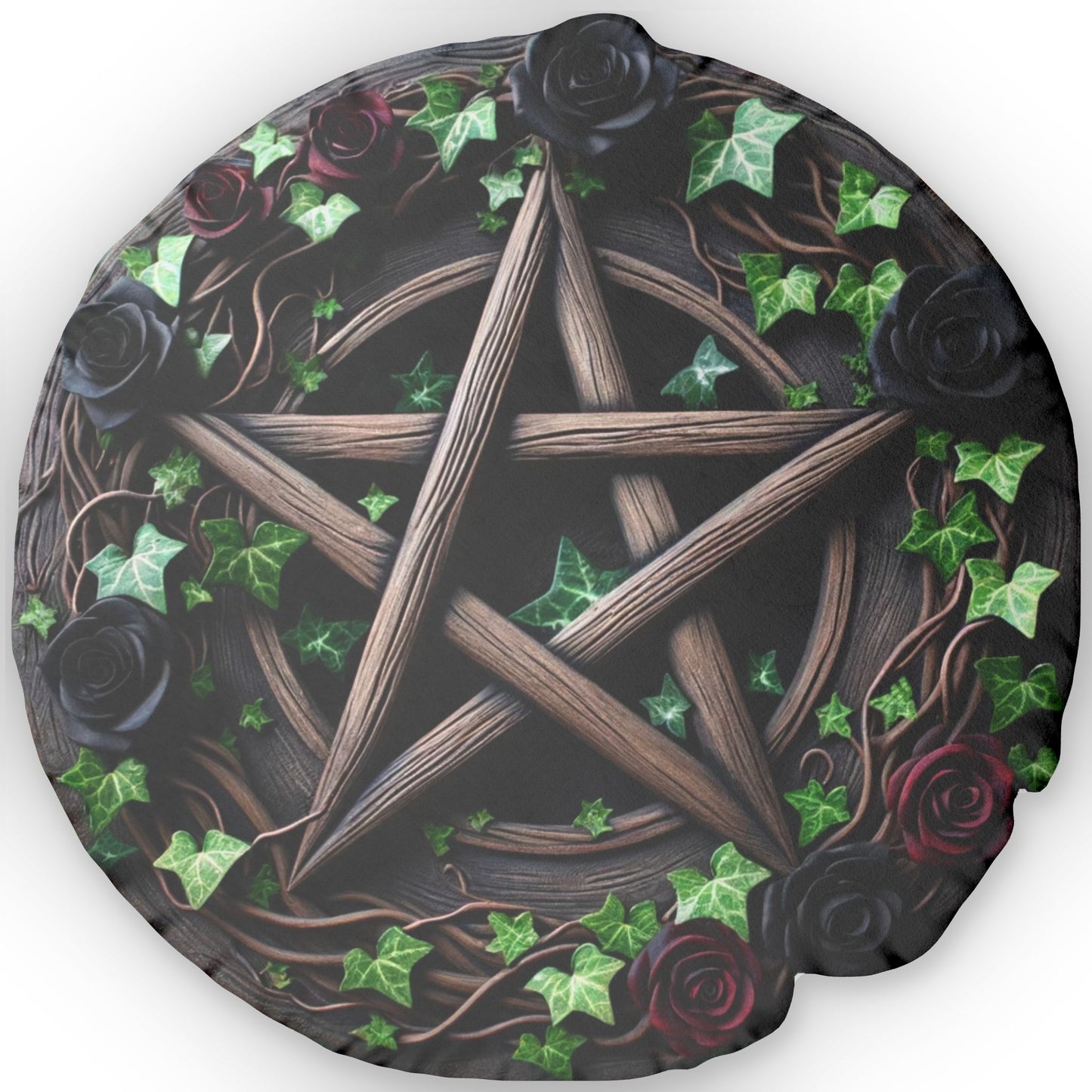 Pillows - Wood Pentacle with Red and Black Roses in Ivy Design