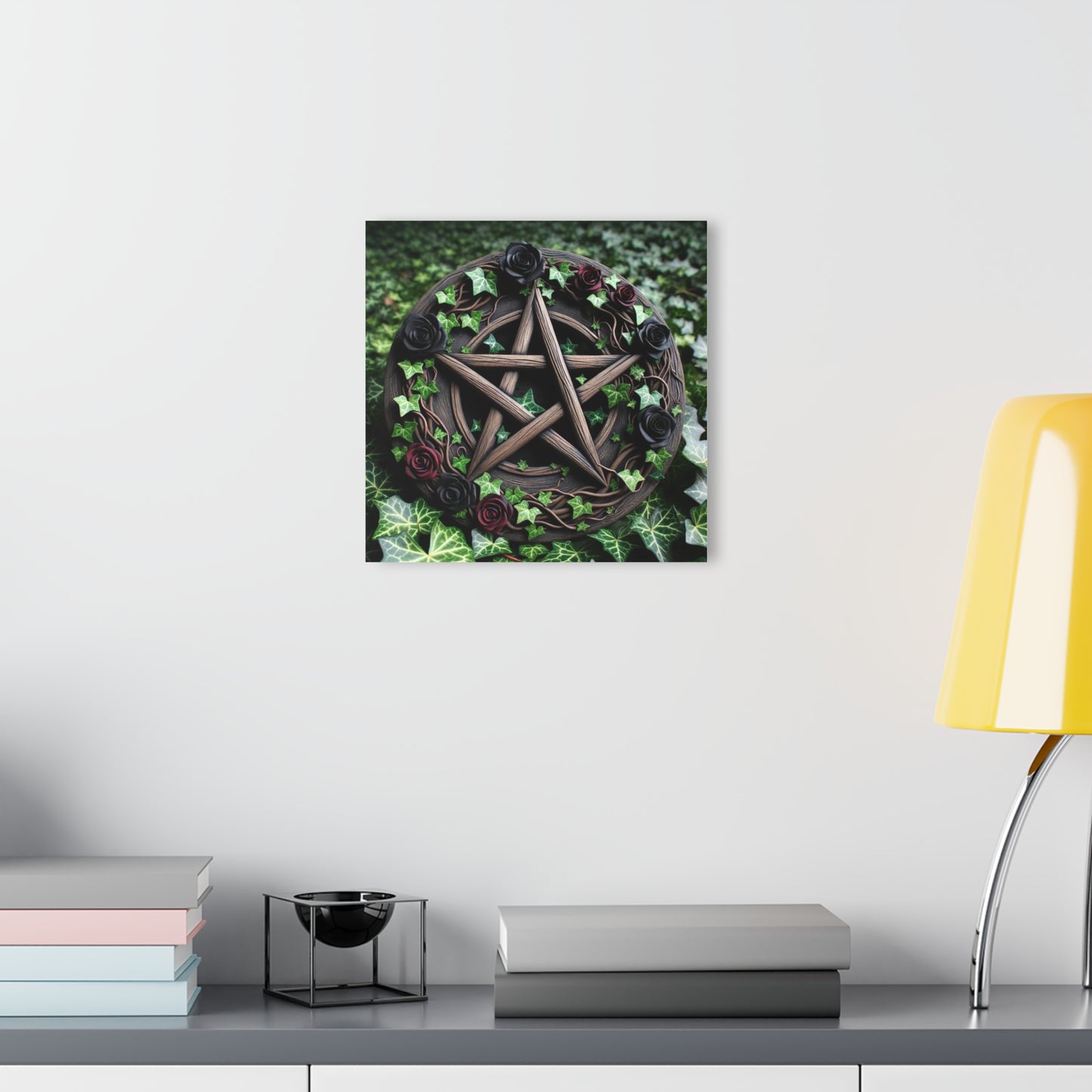 Acrylic Print Wall Decor - Wood Pentacle with Red and Black Roses in Ivy