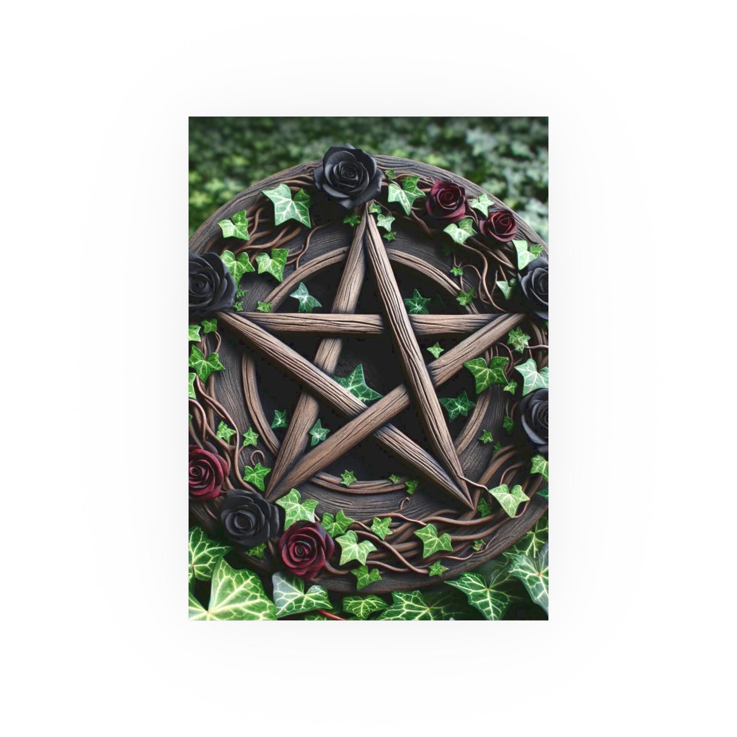 Poster - Wood Pentacle with Red and Black Roses in Ivy