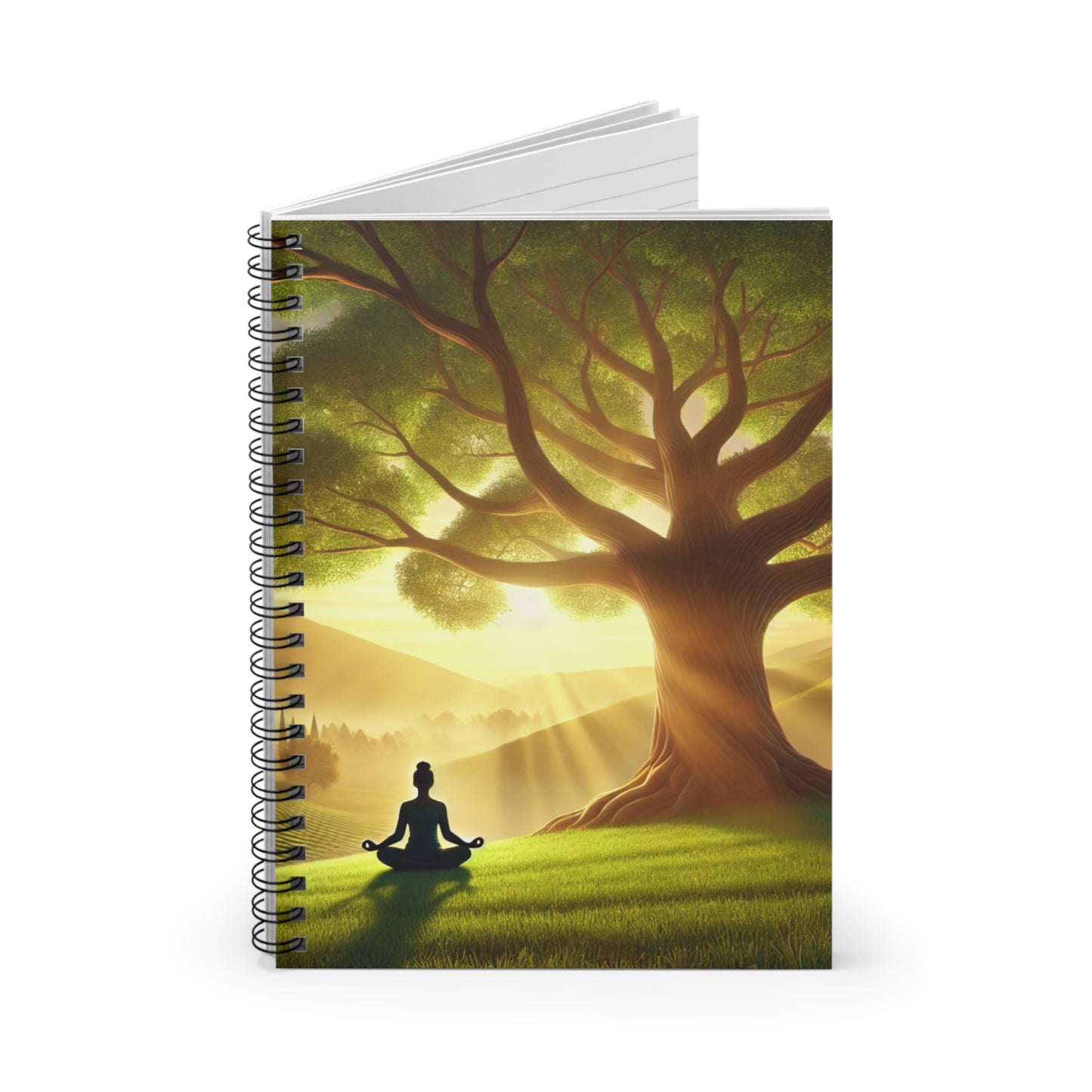 Meditation Field Spiral Notebook — Ruled Journal with Person Meditating by Tree