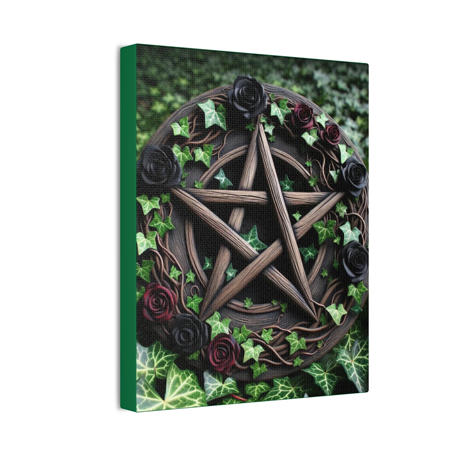 Canvas Wall Art, Wood Pentacle with Red and Black Roses in Ivy Design