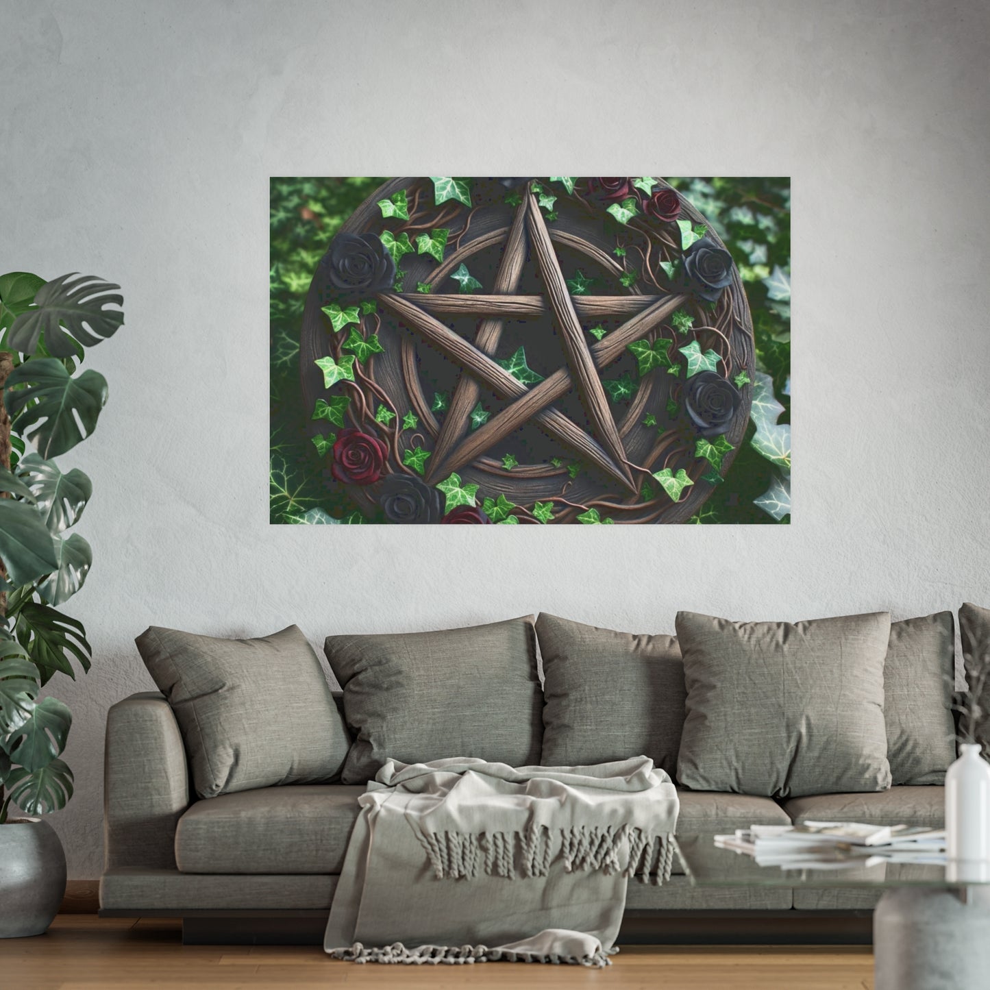 Poster - Wood Pentacle with Red and Black Roses in Ivy