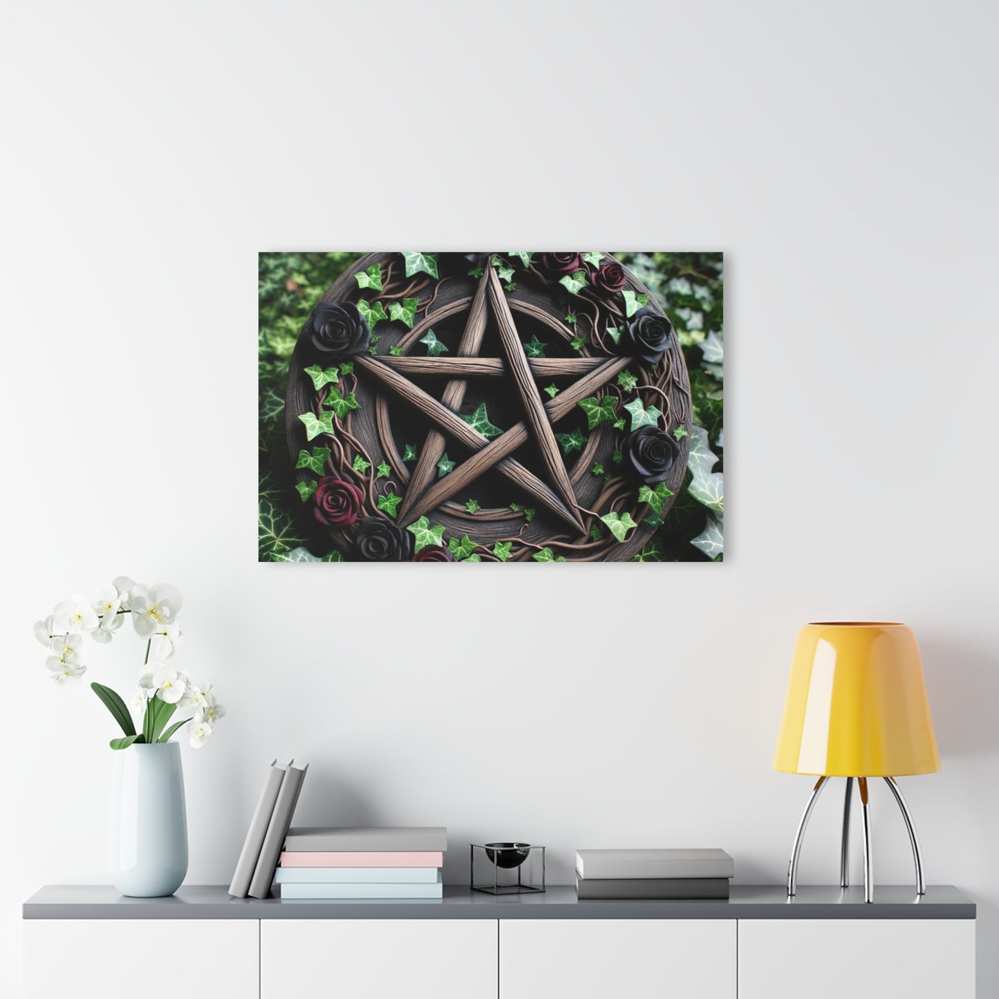 Acrylic Print Wall Decor - Wood Pentacle with Red and Black Roses in Ivy