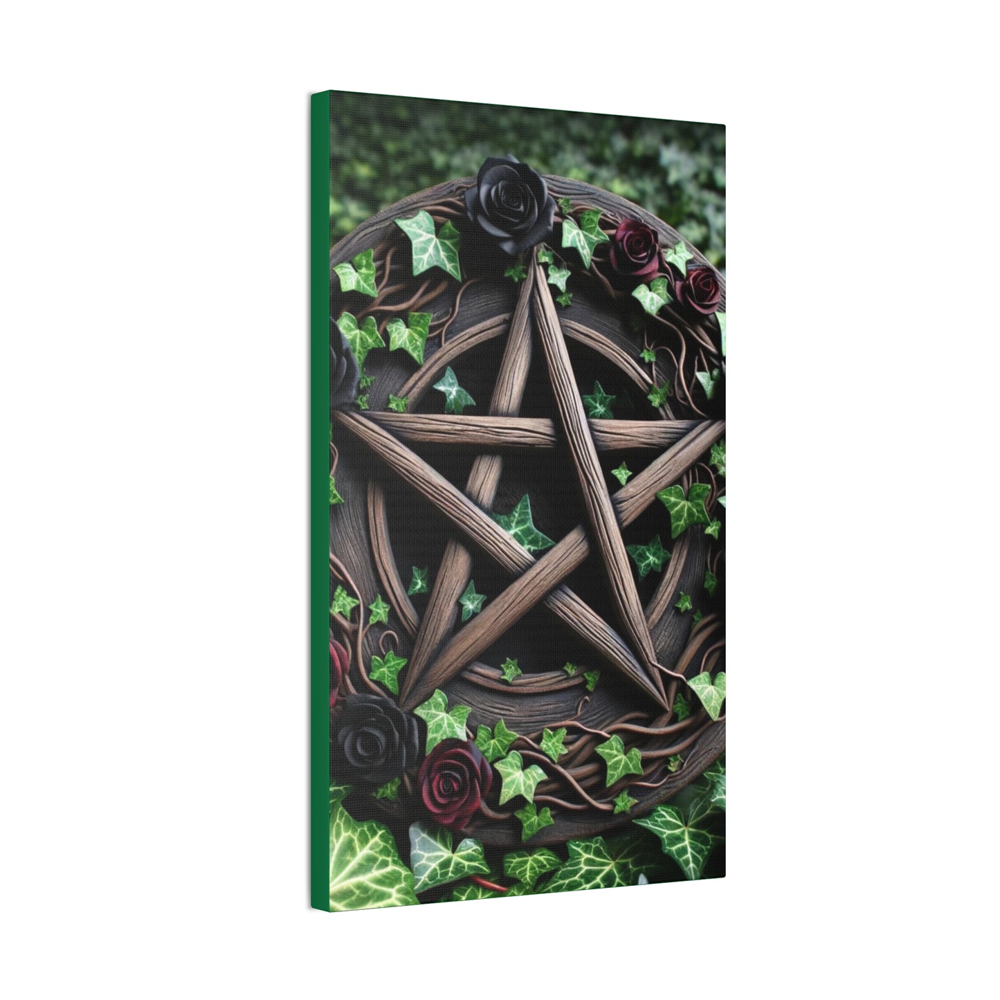 Canvas Wall Art, Wood Pentacle with Red and Black Roses in Ivy Design