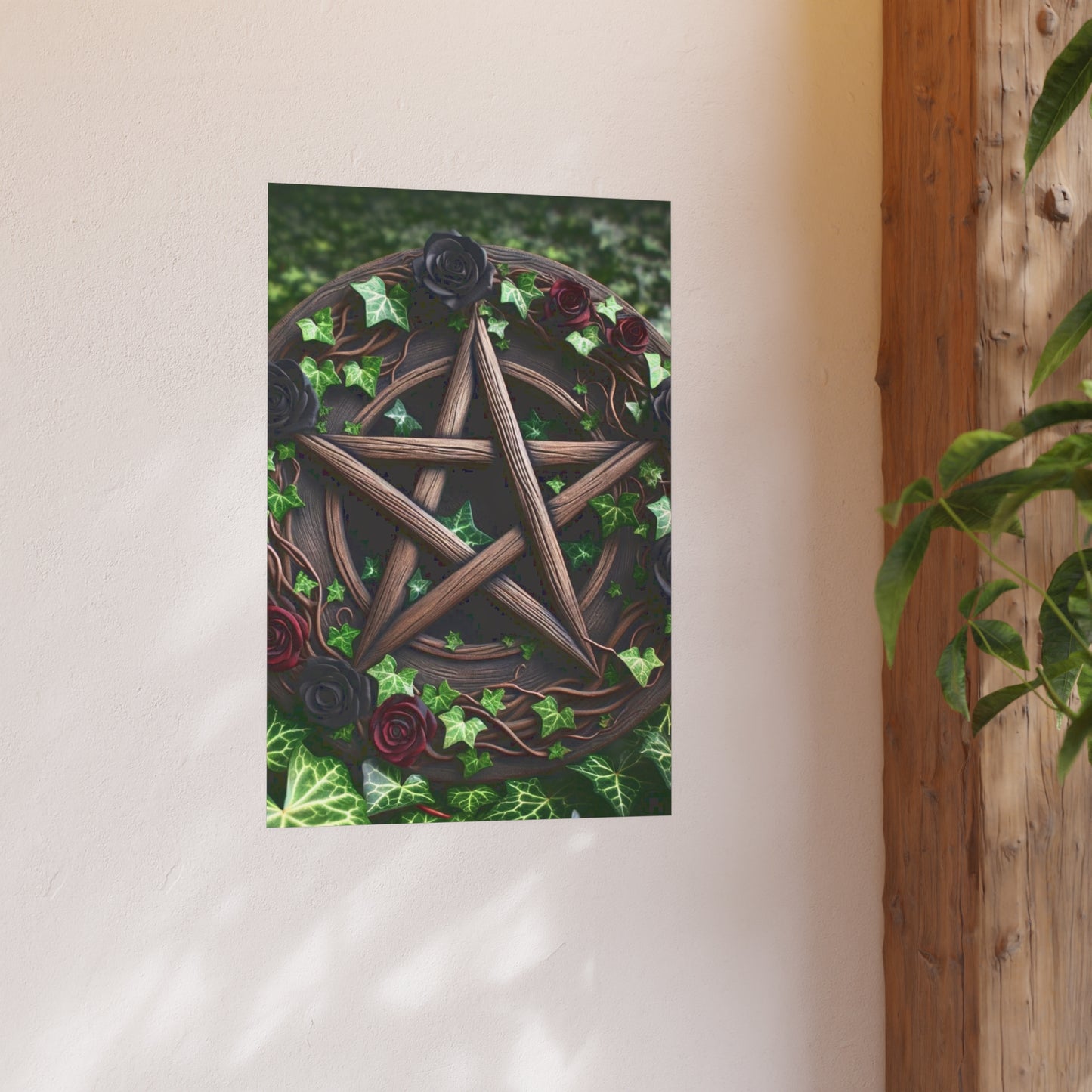 Poster - Wood Pentacle with Red and Black Roses in Ivy