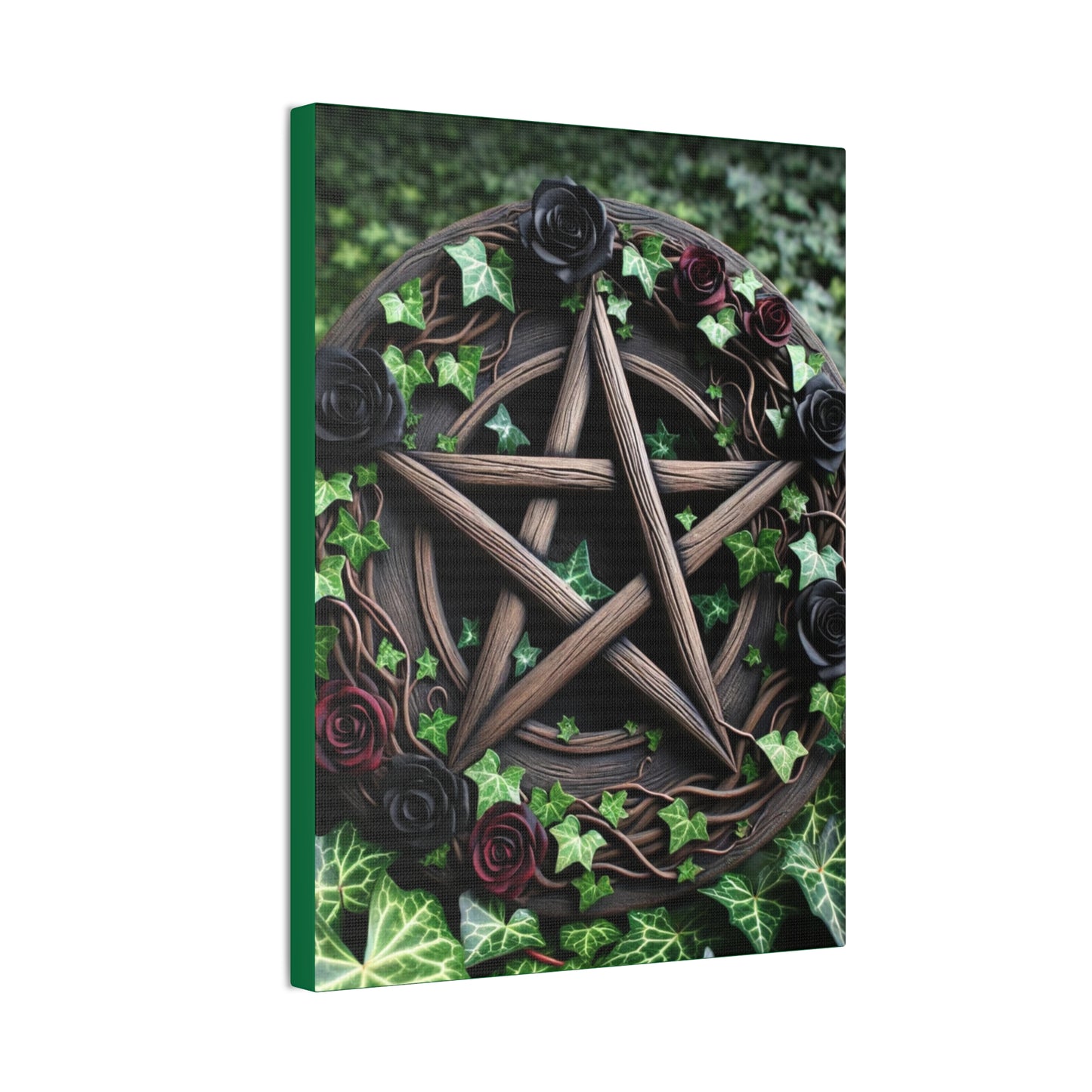 Canvas Wall Art, Wood Pentacle with Red and Black Roses in Ivy Design