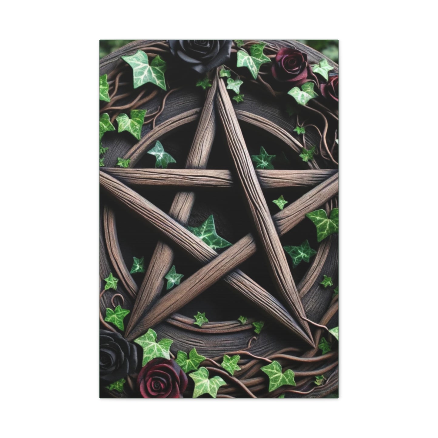 Canvas Wall Art, Wood Pentacle with Red and Black Roses in Ivy Design