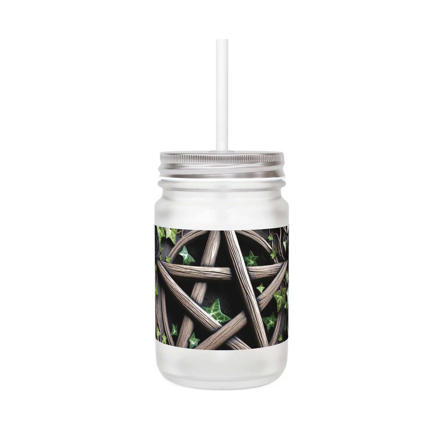 Mason Jar Mug with Wood Pentacle and Roses Design