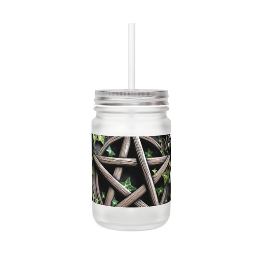 Mason Jar Mug with Wood Pentacle and Roses Design