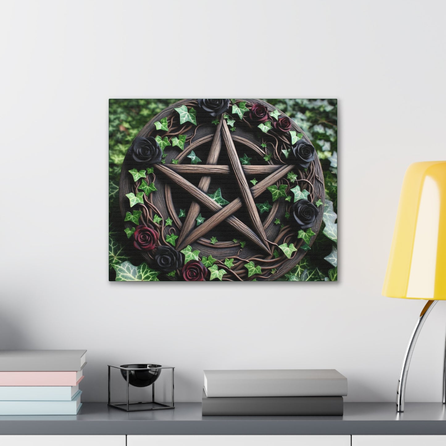 Canvas Wall Art, Wood Pentacle with Red and Black Roses in Ivy Design