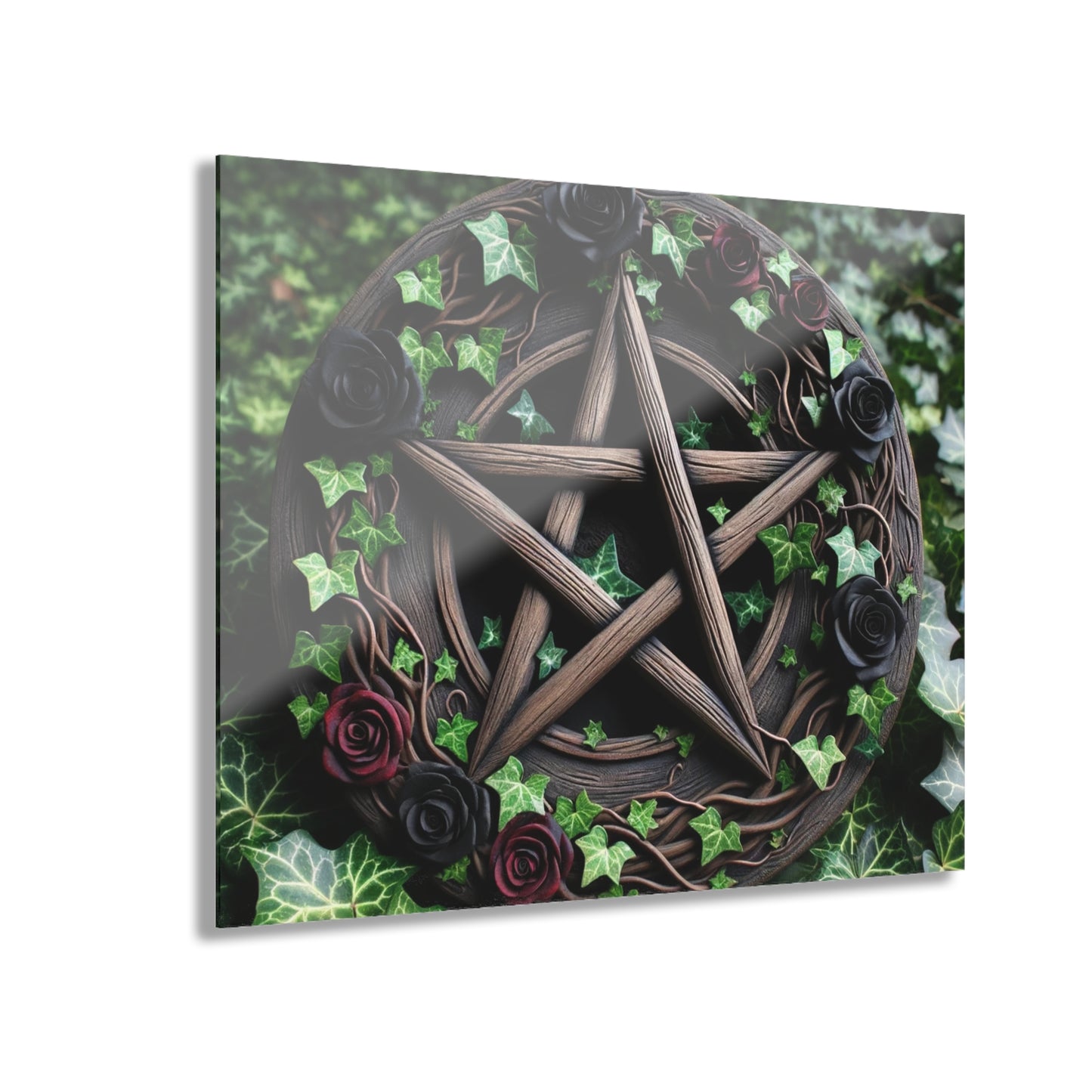 Acrylic Print Wall Decor - Wood Pentacle with Red and Black Roses in Ivy