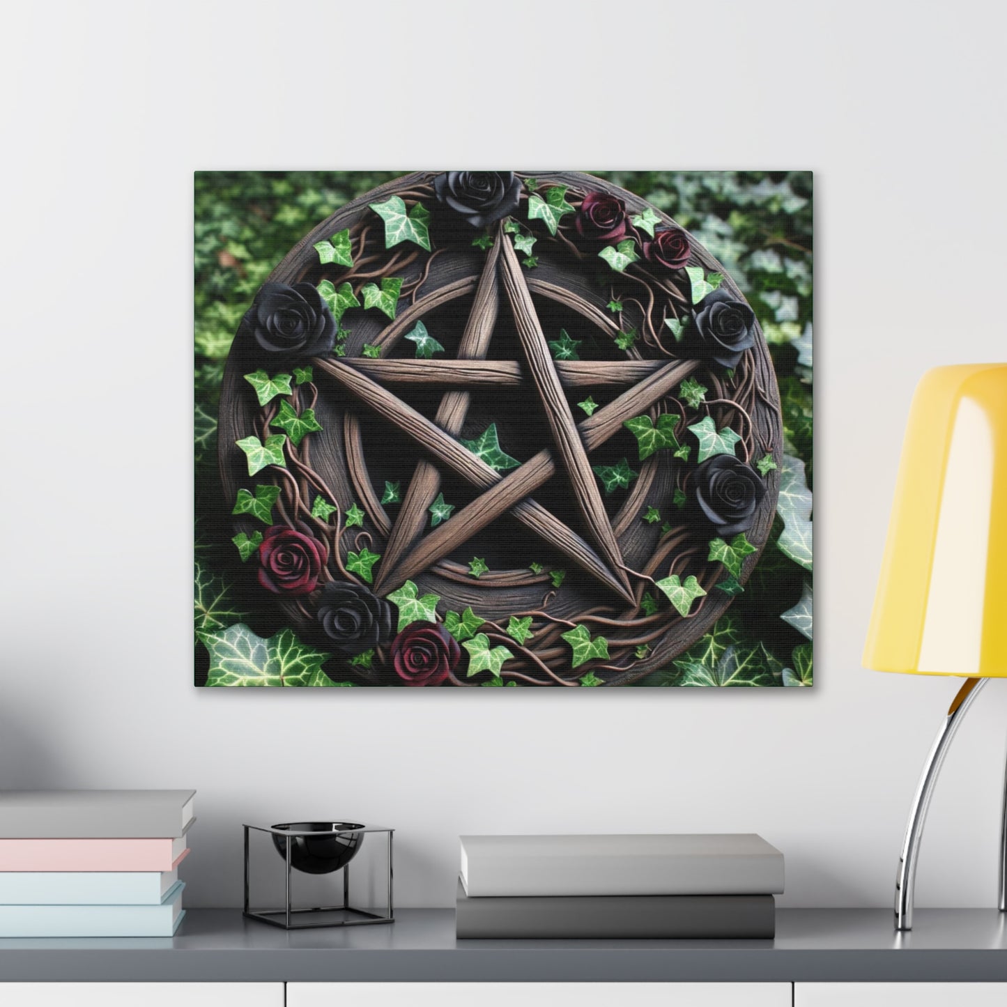 Canvas Wall Art, Wood Pentacle with Red and Black Roses in Ivy Design