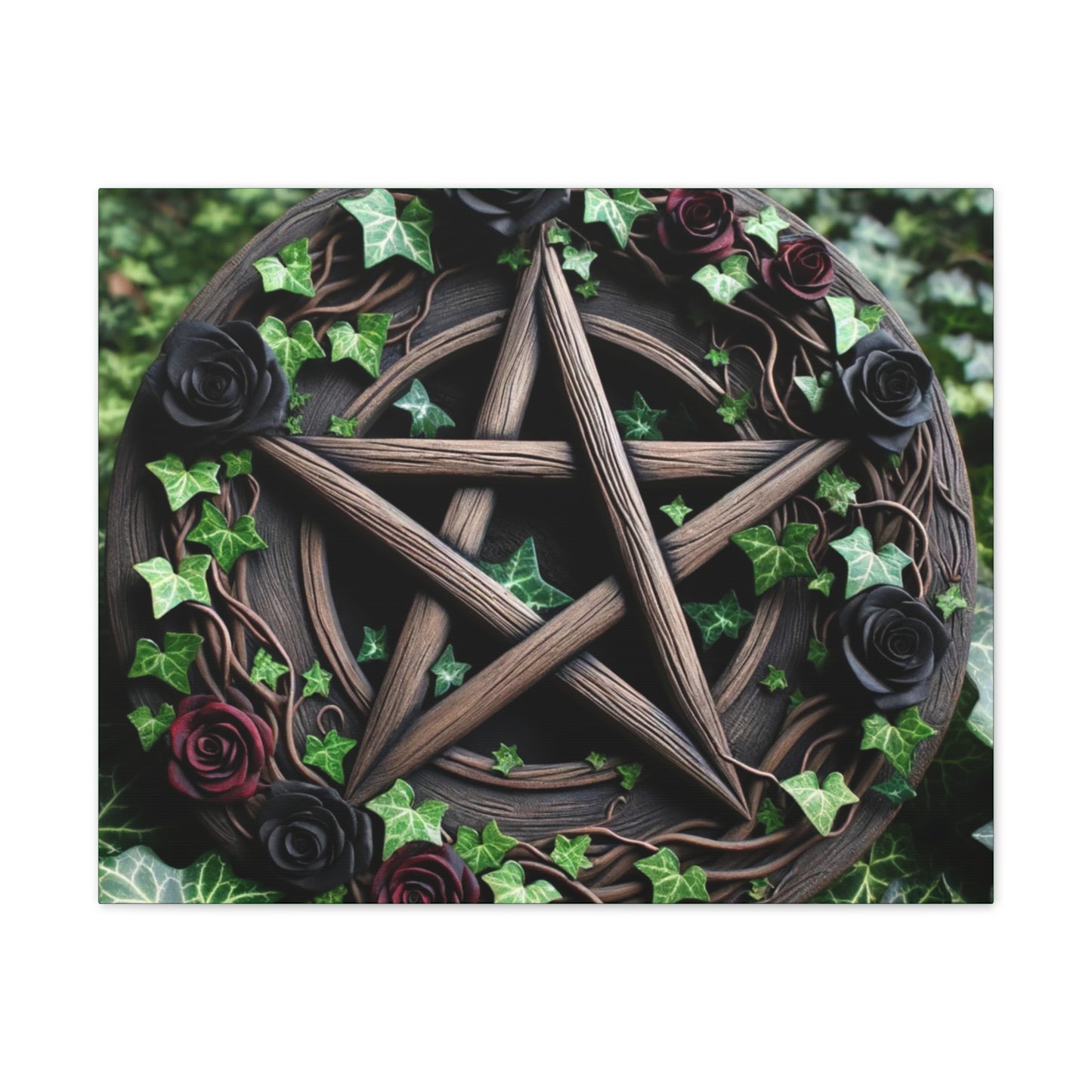 Canvas Wall Art, Wood Pentacle with Red and Black Roses in Ivy Design