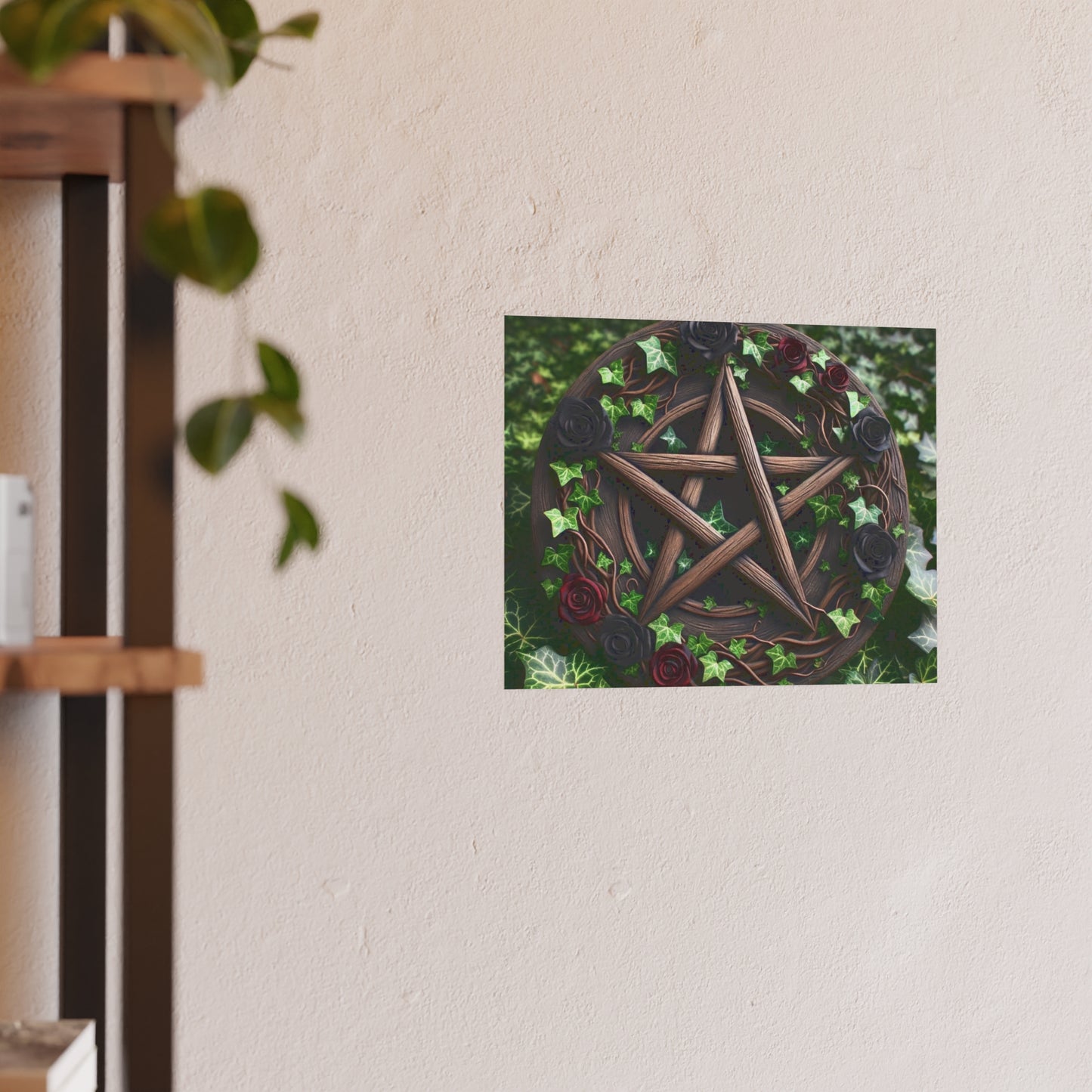 Poster - Wood Pentacle with Red and Black Roses in Ivy