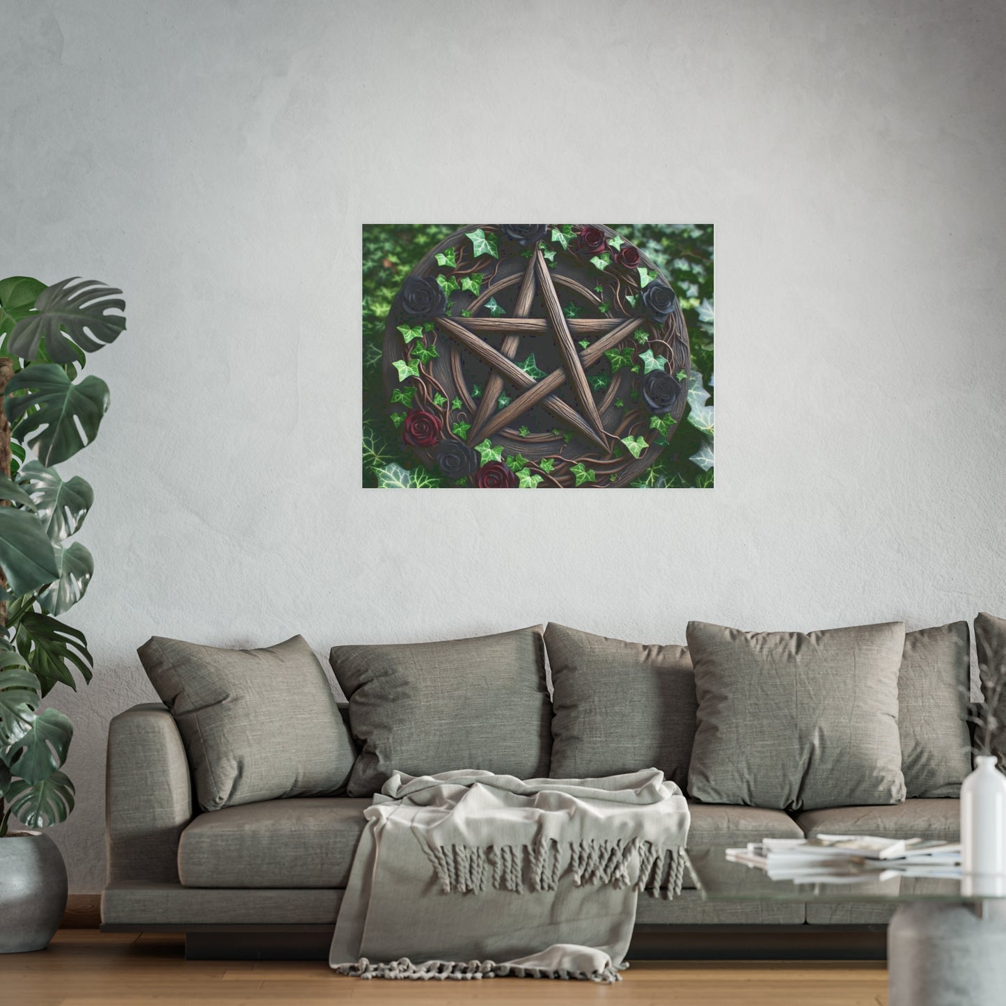 Poster - Wood Pentacle with Red and Black Roses in Ivy