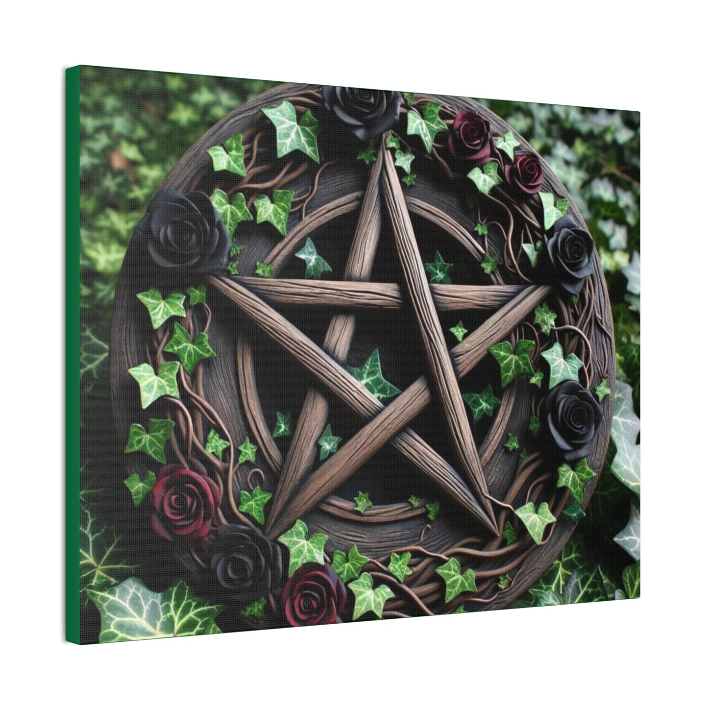 Canvas Wall Art, Wood Pentacle with Red and Black Roses in Ivy Design