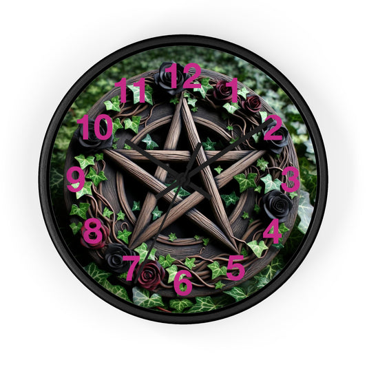 Wood Pentacle Wall Clock with Red and Black Roses in Ivy