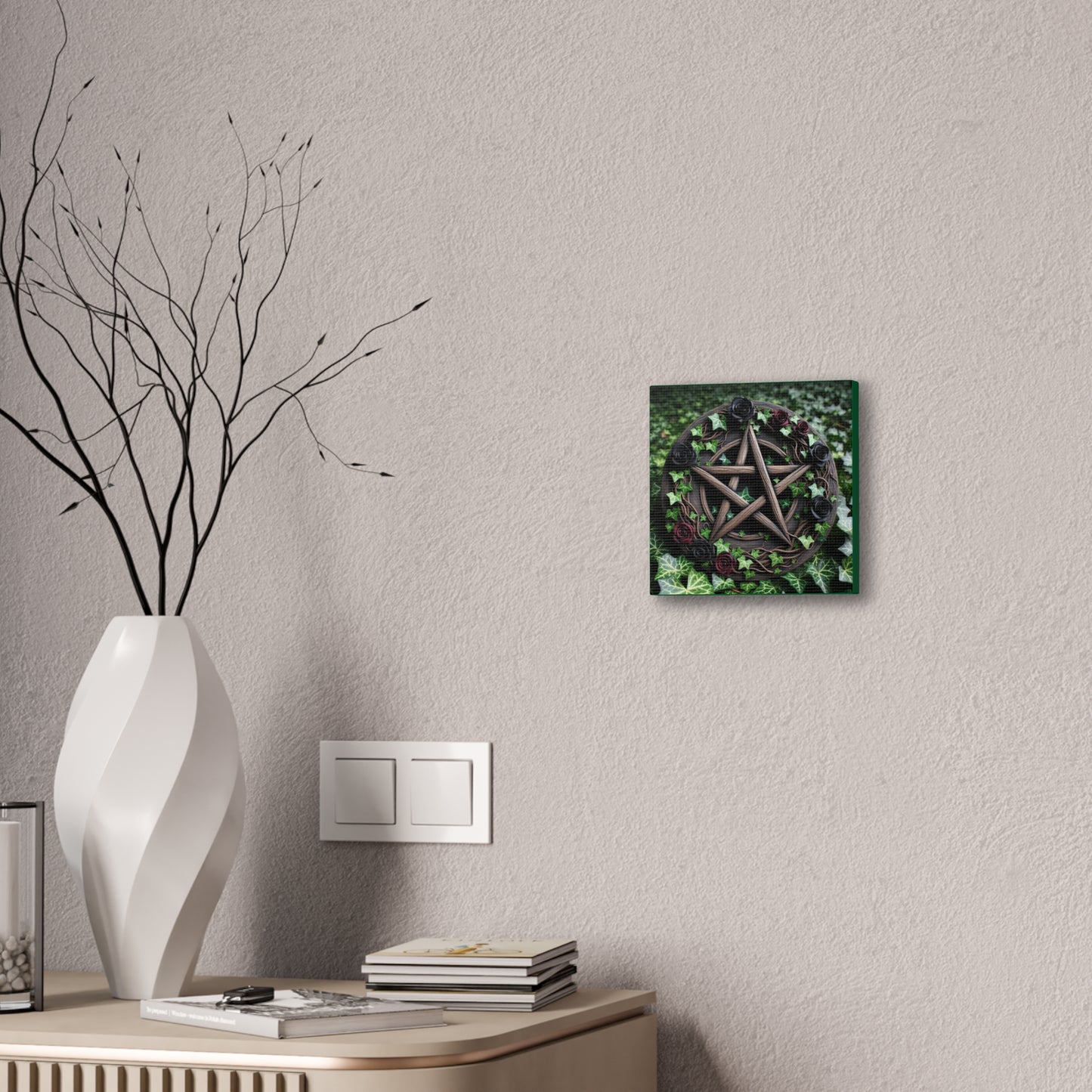 Canvas Wall Art, Wood Pentacle with Red and Black Roses in Ivy Design