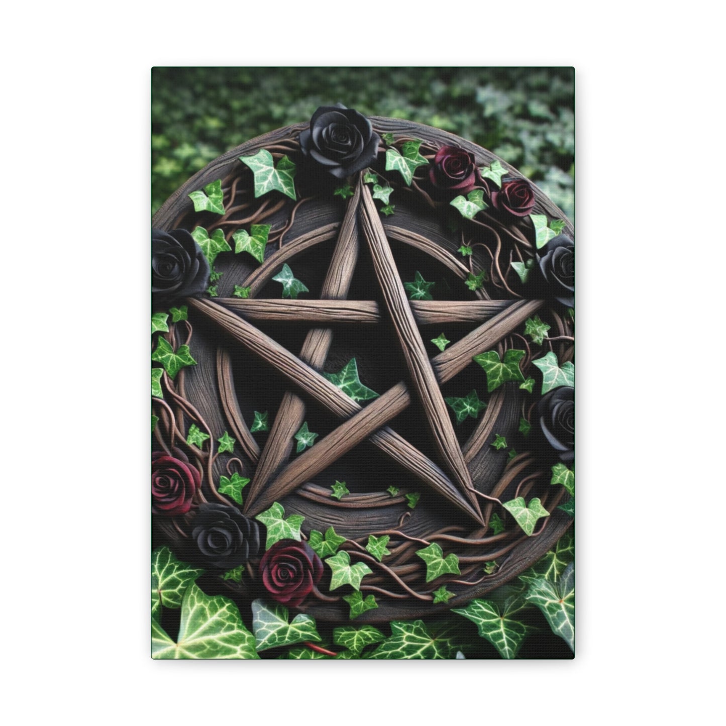 Canvas Wall Art, Wood Pentacle with Red and Black Roses in Ivy Design