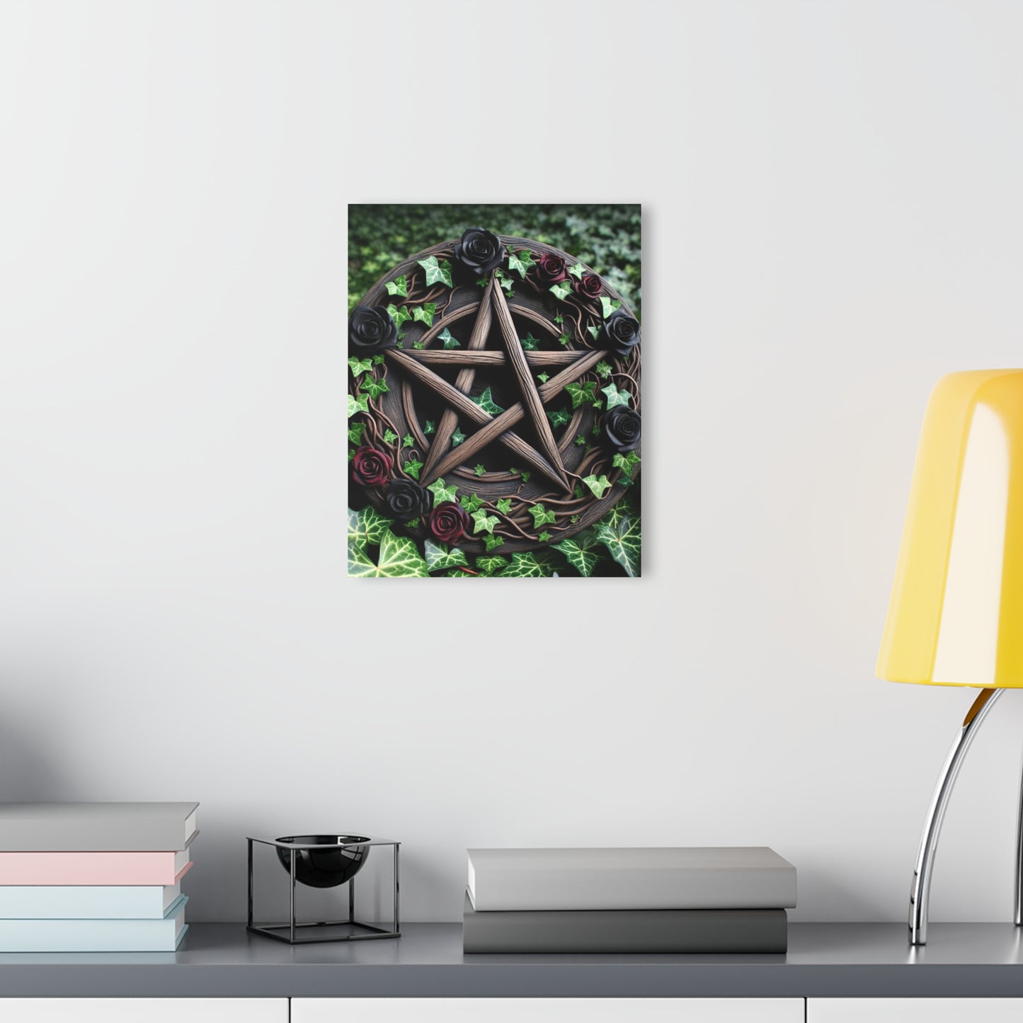 Acrylic Print Wall Decor - Wood Pentacle with Red and Black Roses in Ivy