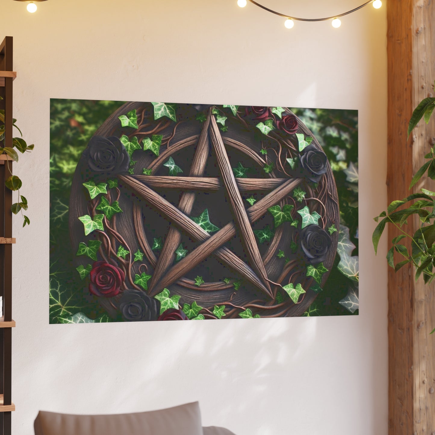 Poster - Wood Pentacle with Red and Black Roses in Ivy