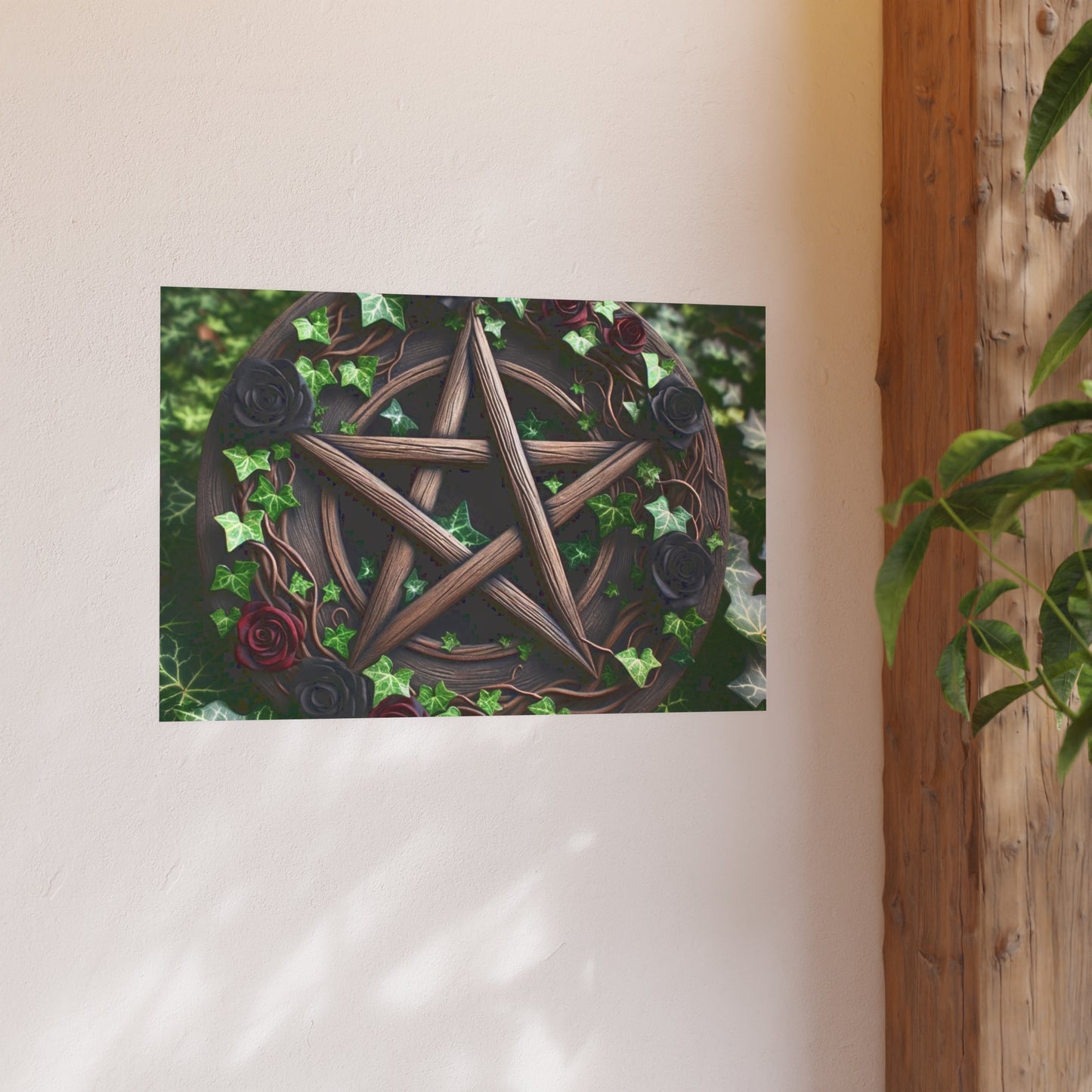 Poster - Wood Pentacle with Red and Black Roses in Ivy