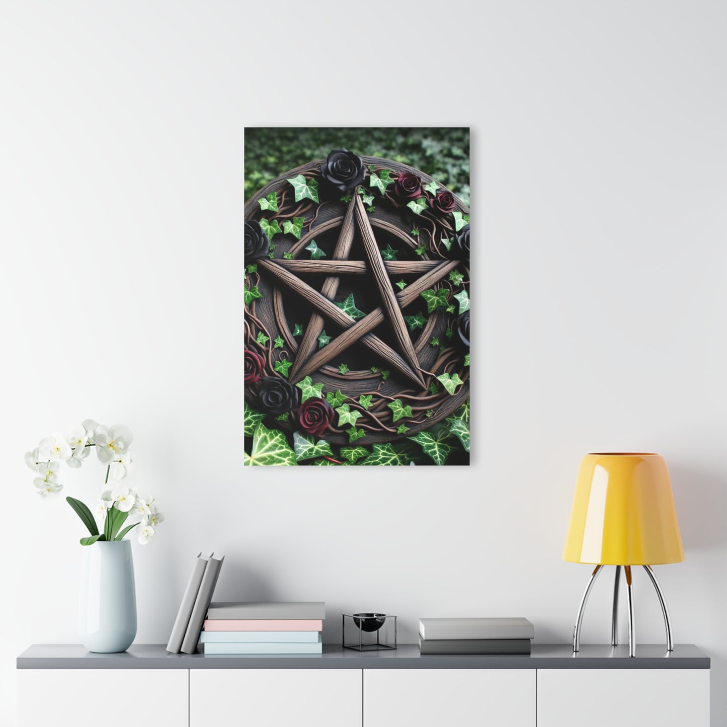 Acrylic Print Wall Decor - Wood Pentacle with Red and Black Roses in Ivy