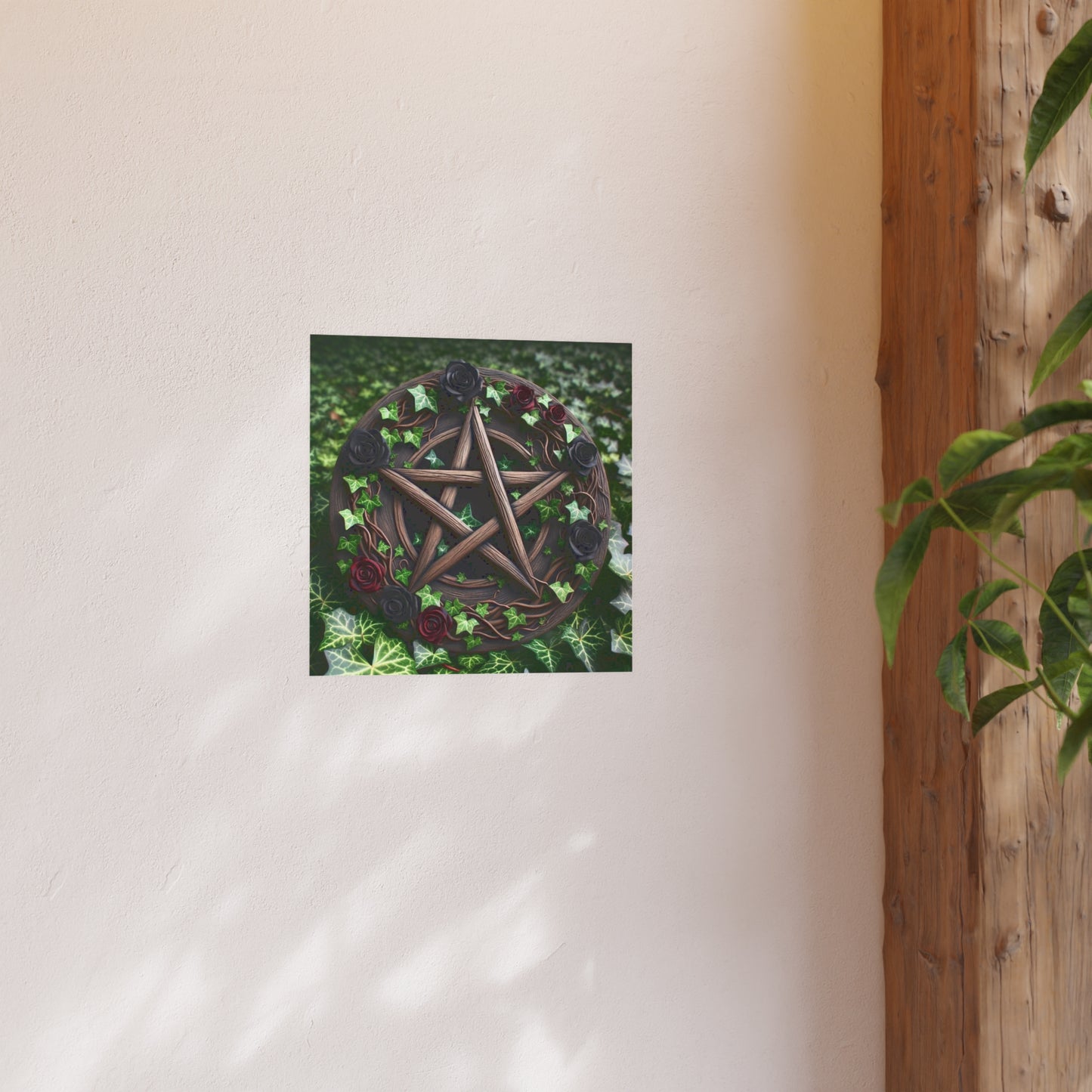 Poster - Wood Pentacle with Red and Black Roses in Ivy