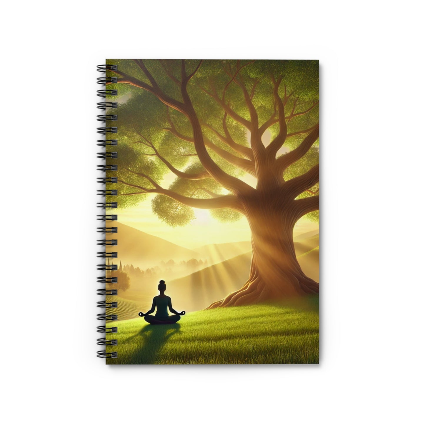 Meditation Field Spiral Notebook — Ruled Journal with Person Meditating by Tree