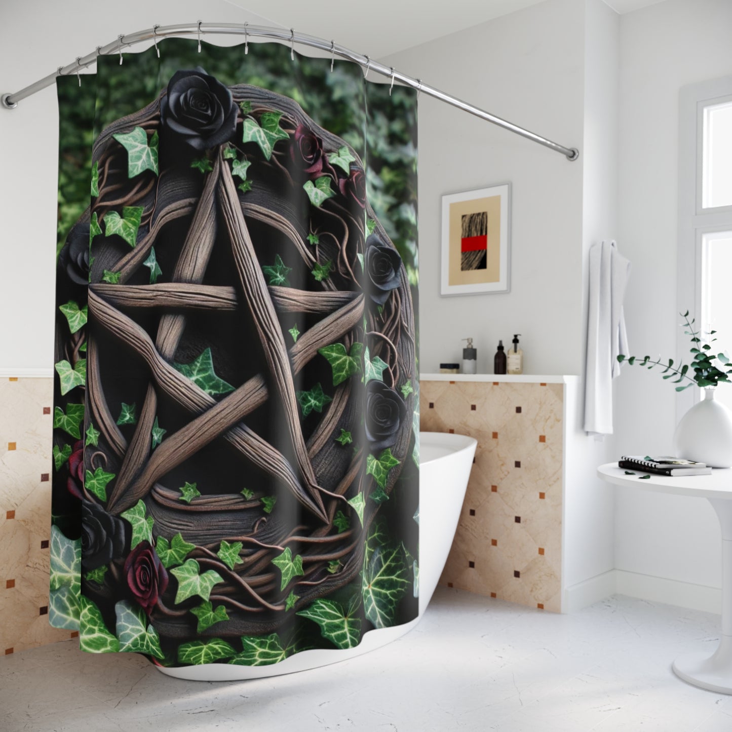 Shower Curtains - Wood Pentacle with Red and Black Roses in Ivy