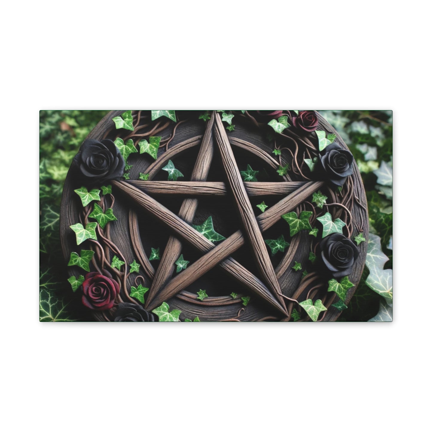 Canvas Wall Art, Wood Pentacle with Red and Black Roses in Ivy Design