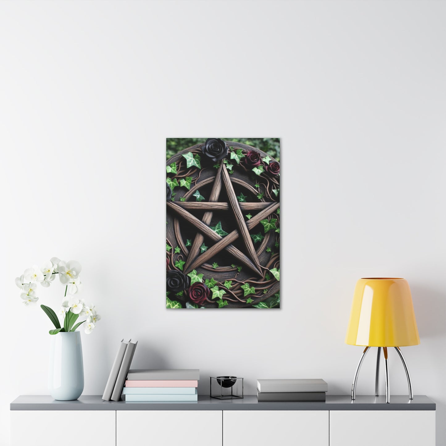 Canvas Wall Art, Wood Pentacle with Red and Black Roses in Ivy Design