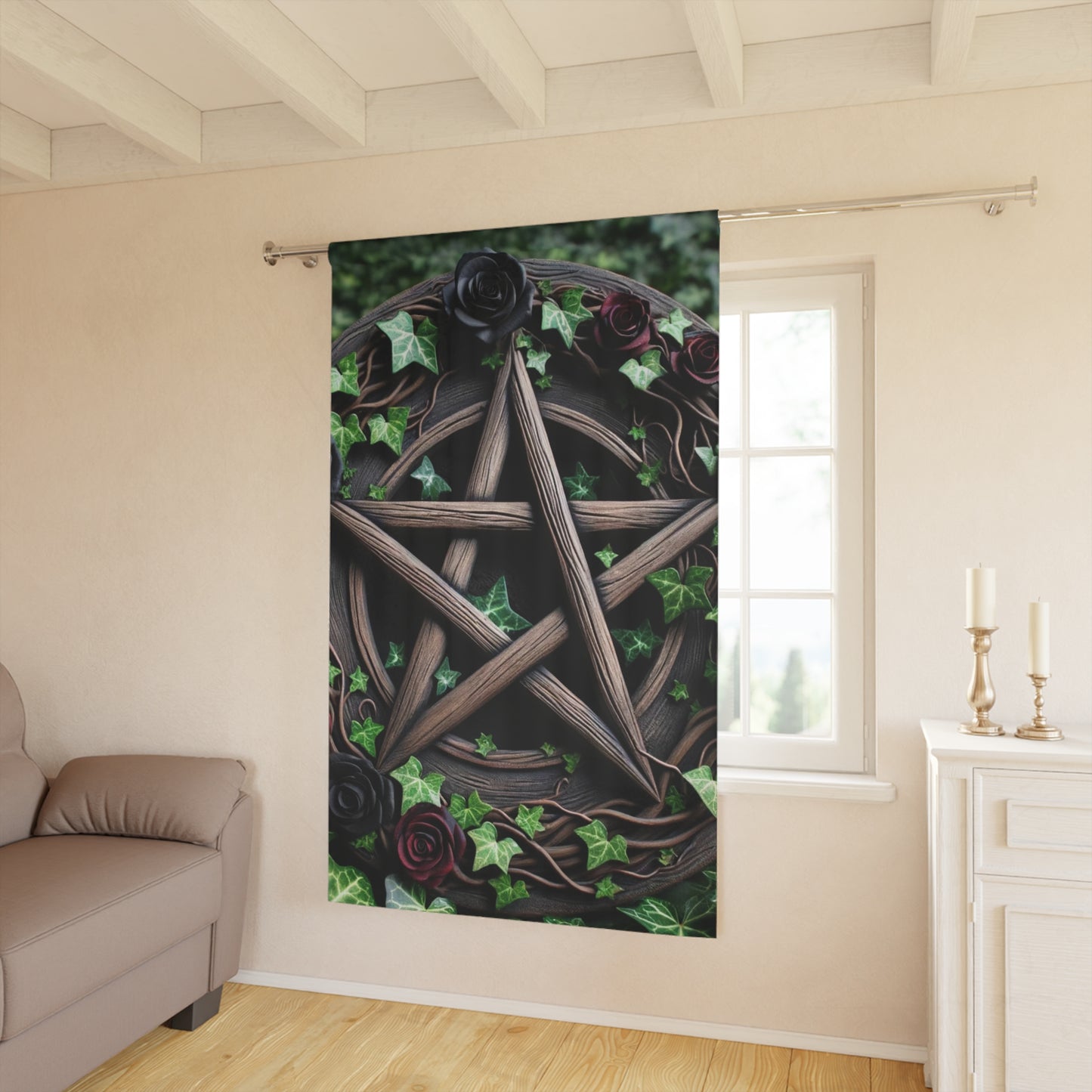 Curtains - Wood Pentacle with Red and Black Roses in Ivy