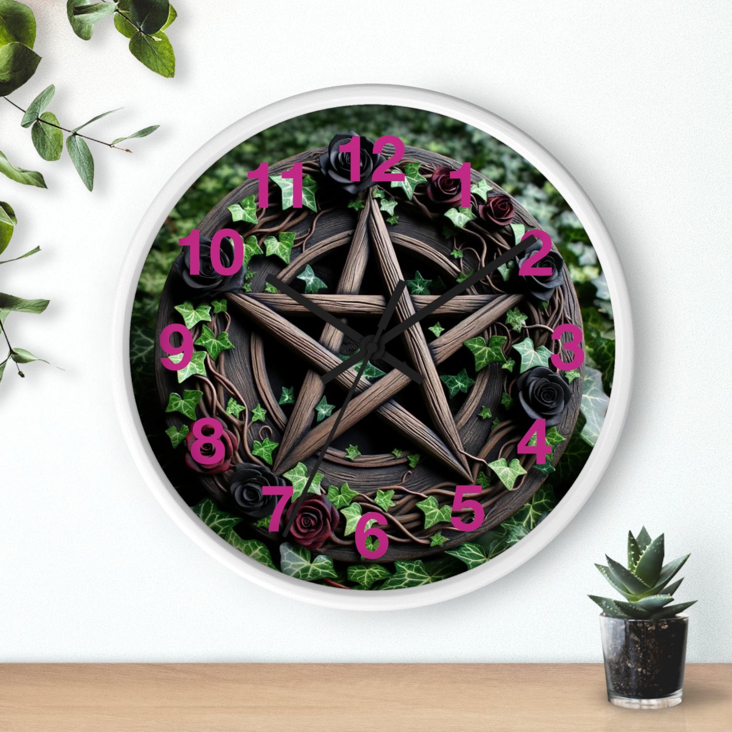 Wood Pentacle Wall Clock with Red and Black Roses in Ivy